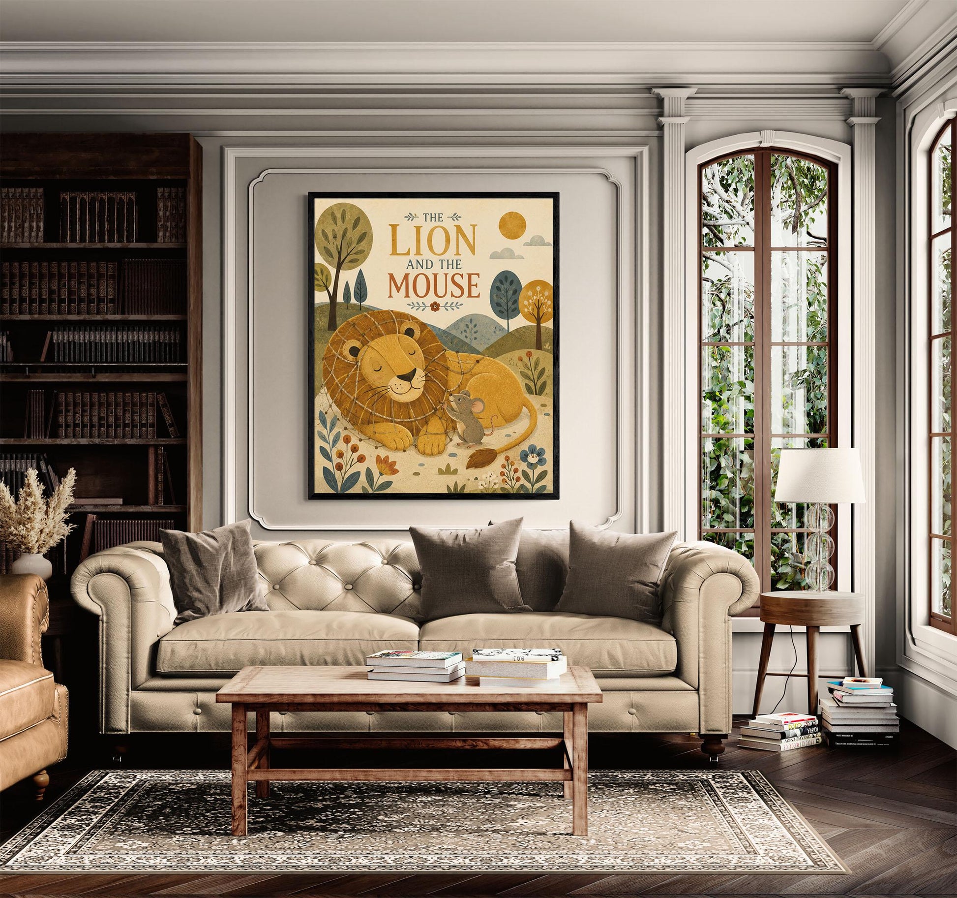 The Lion and the Mouse Nursery Wall Art Print | Aesop's Fable Home Decor | Reading Room | Kids Literature | Literary Illustration Poster