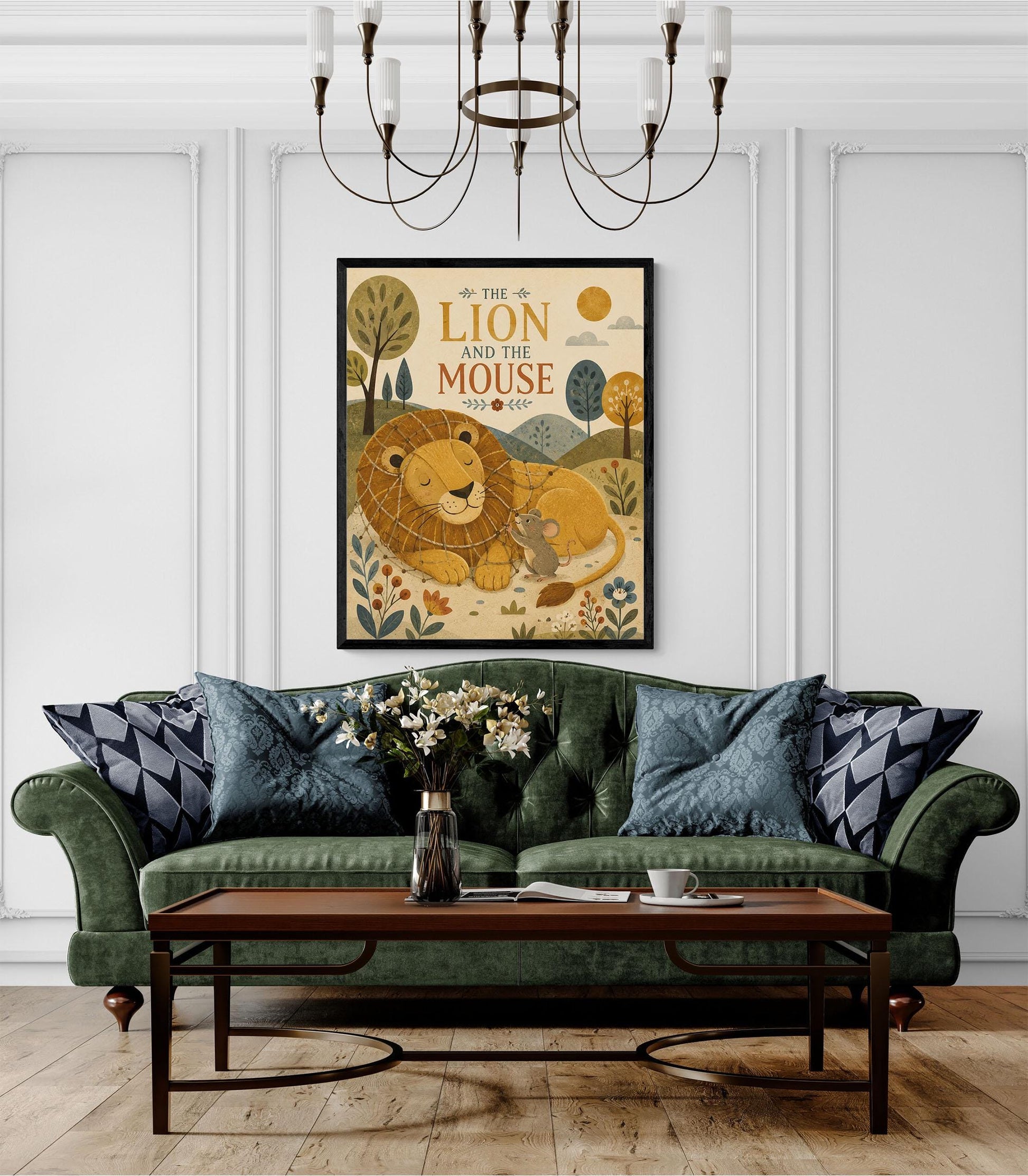 The Lion and the Mouse Nursery Wall Art Print | Aesop's Fable Home Decor | Reading Room | Kids Literature | Literary Illustration Poster