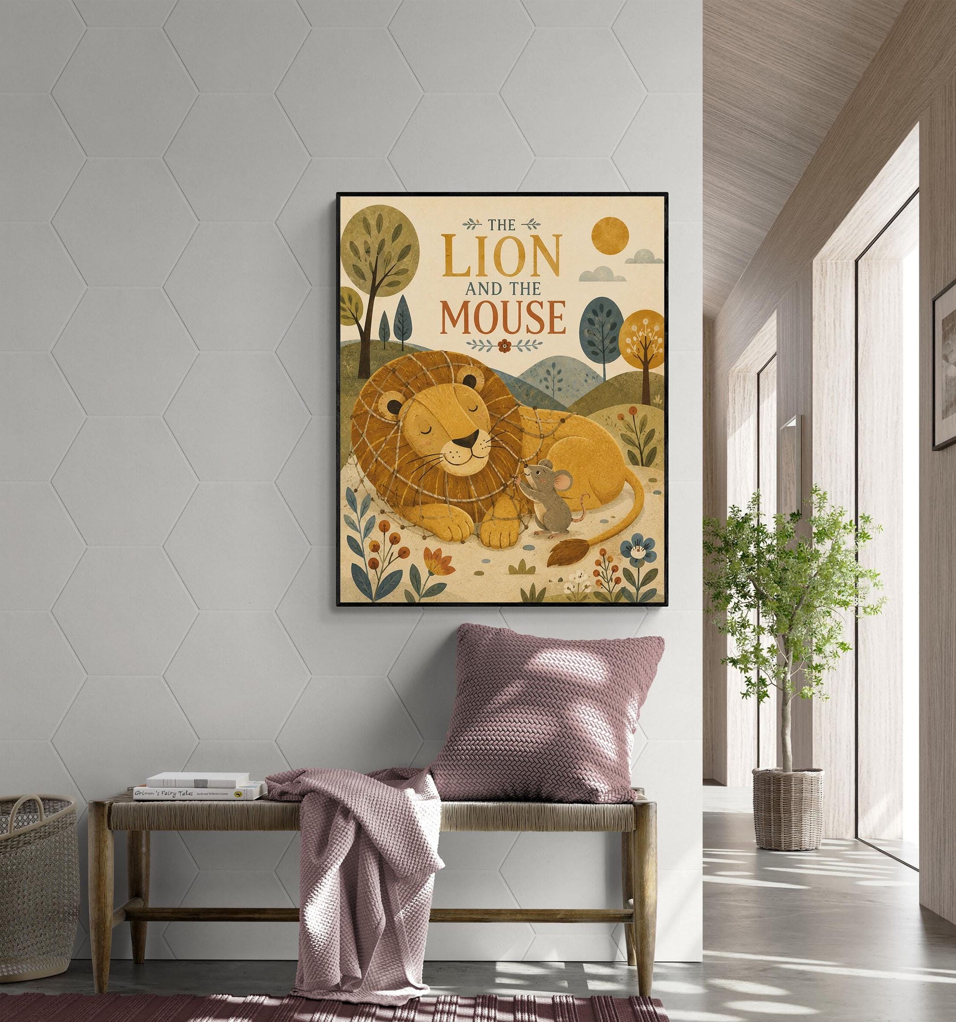 The Lion and the Mouse Nursery Wall Art Print | Aesop's Fable Home Decor | Reading Room | Kids Literature | Literary Illustration Poster