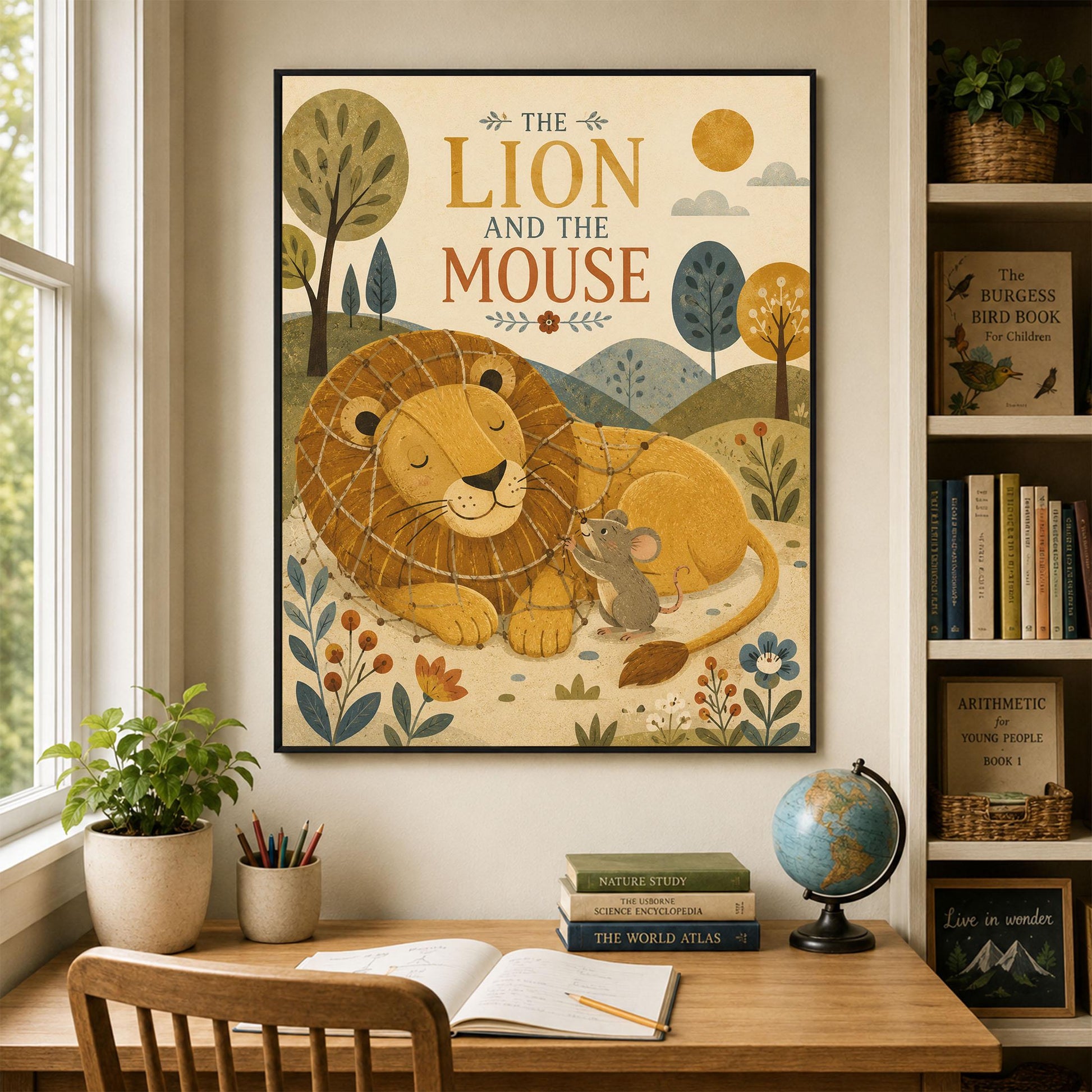 The Lion and the Mouse Nursery Wall Art Print | Aesop's Fable Home Decor | Reading Room | Kids Literature | Literary Illustration Poster