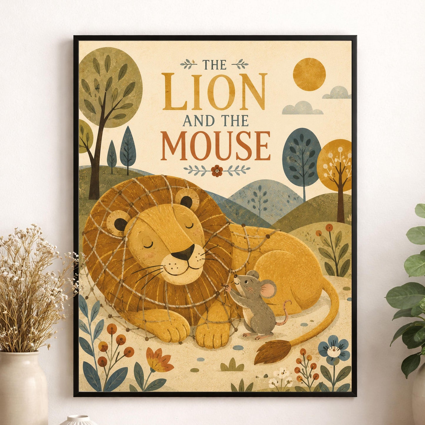 The Lion and the Mouse Nursery Wall Art Print | Aesop's Fable Home Decor | Reading Room | Kids Literature | Literary Illustration Poster