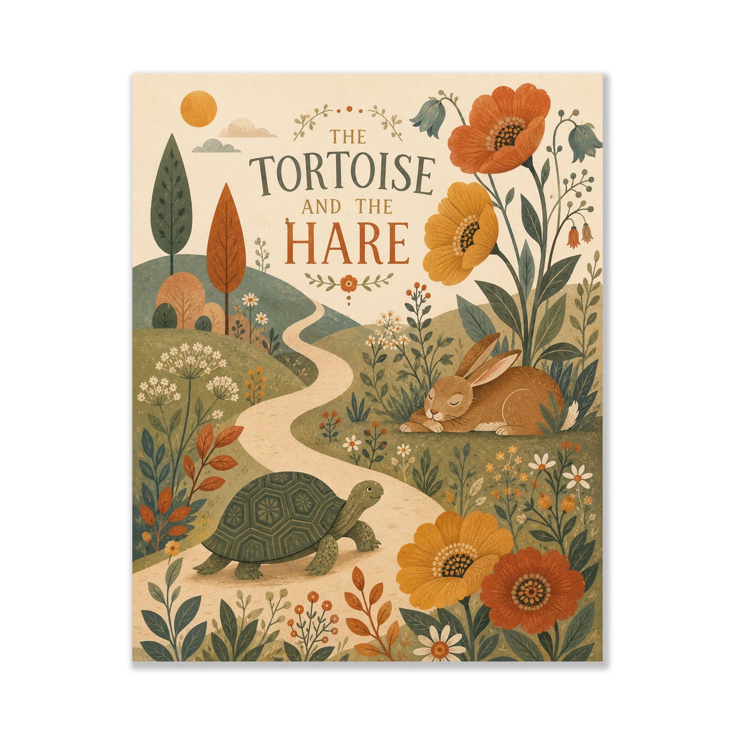 The Tortoise and the Hare Nursery Wall Art Print | Aesop's Fable Home Decor | Reading Room | Kids Literature | Literary Illustration Poster