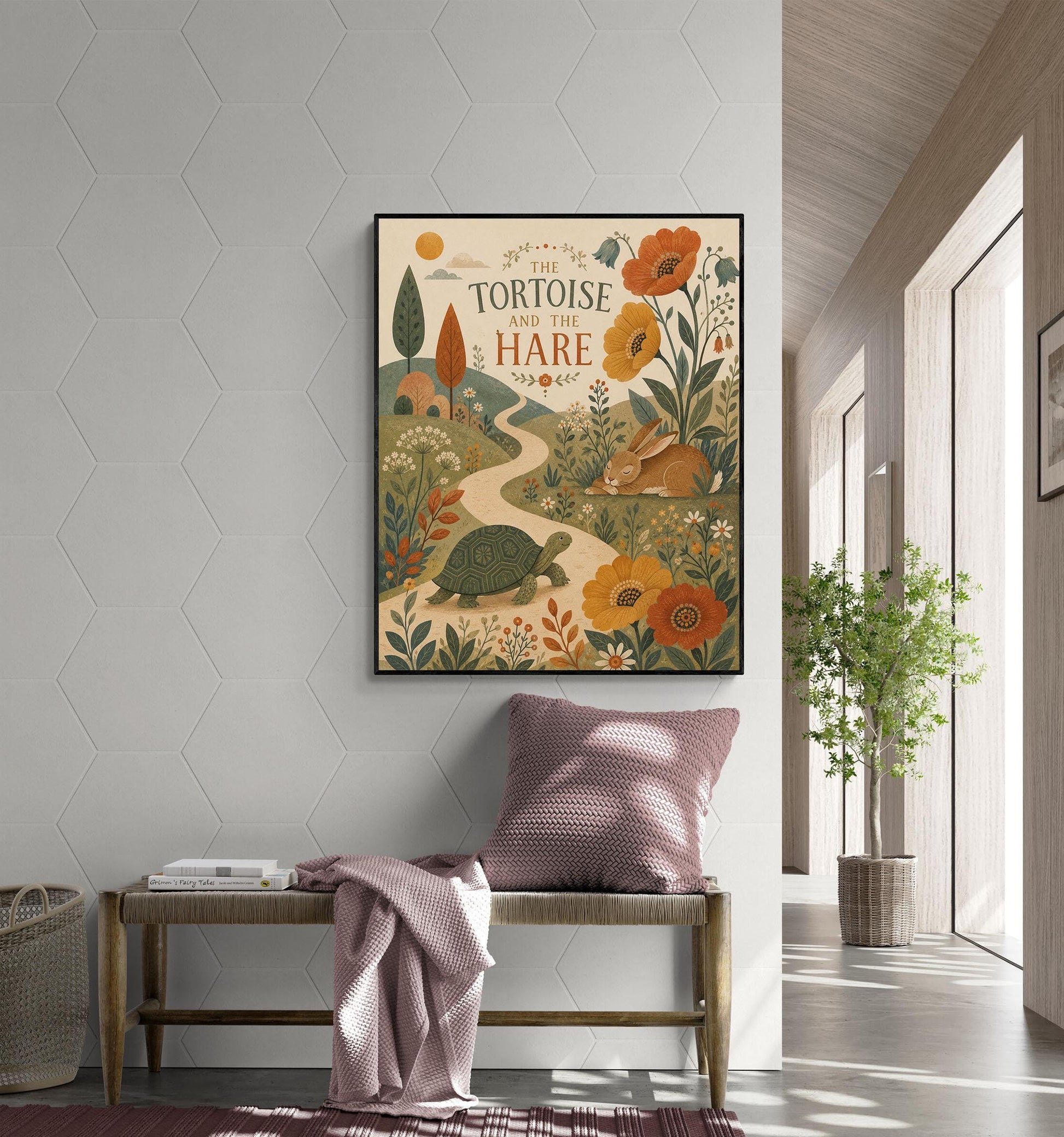 The Tortoise and the Hare Nursery Wall Art Print | Aesop's Fable Home Decor | Reading Room | Kids Literature | Literary Illustration Poster