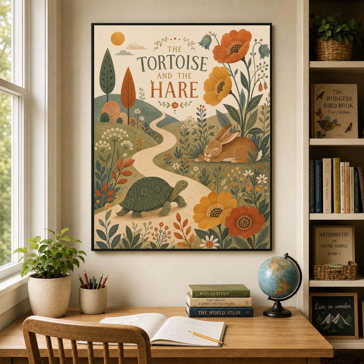 The Tortoise and the Hare Nursery Wall Art Print | Aesop's Fable Home Decor | Reading Room | Kids Literature | Literary Illustration Poster