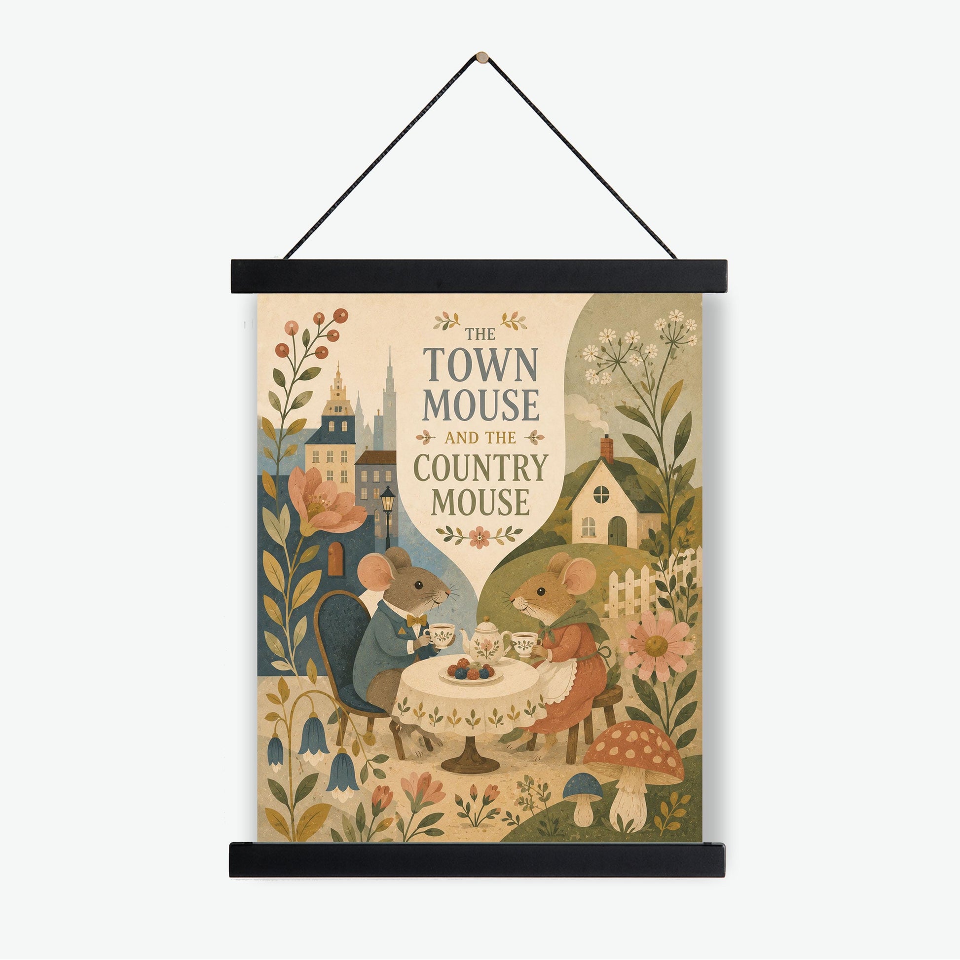 The Town Mouse and the Country Mouse Nursery Wall Art Print | Aesop's Fable Home Decor | Reading Room | Kids | Literary Illustration Poster