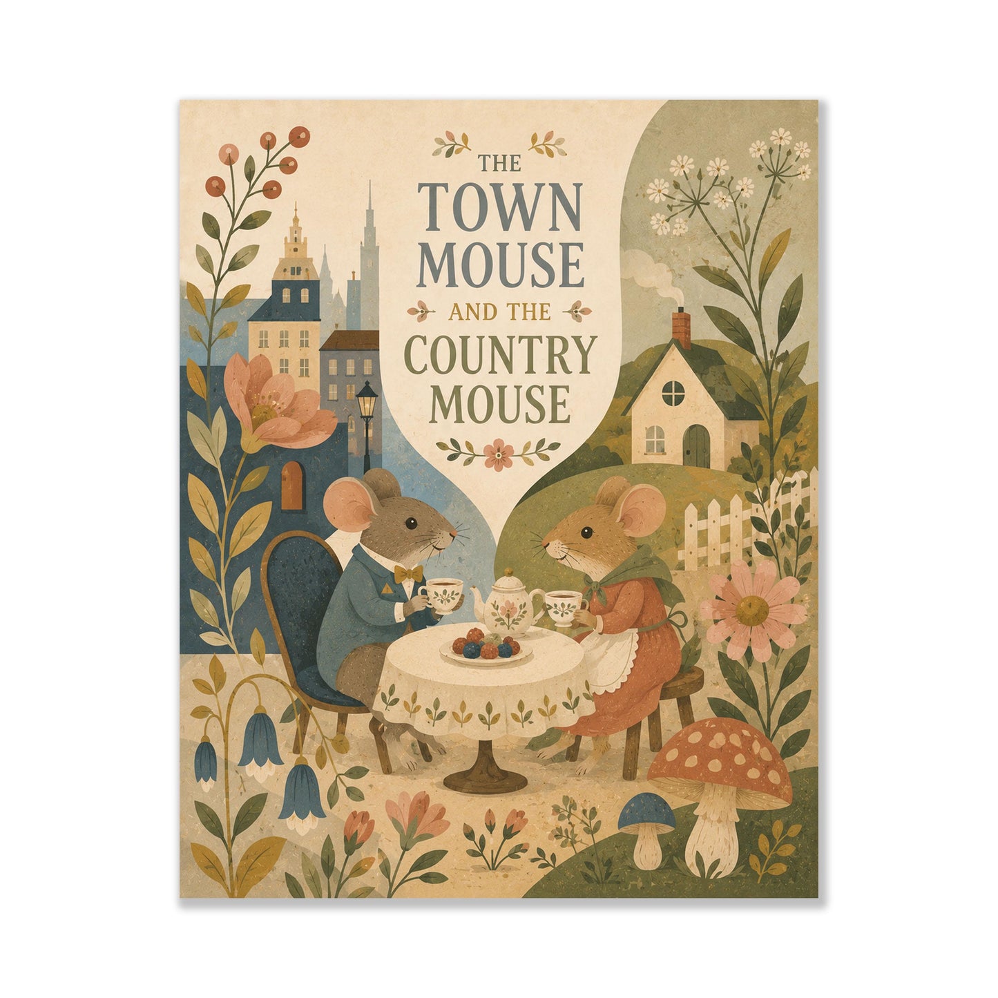 The Town Mouse and the Country Mouse Nursery Wall Art Print | Aesop's Fable Home Decor | Reading Room | Kids | Literary Illustration Poster