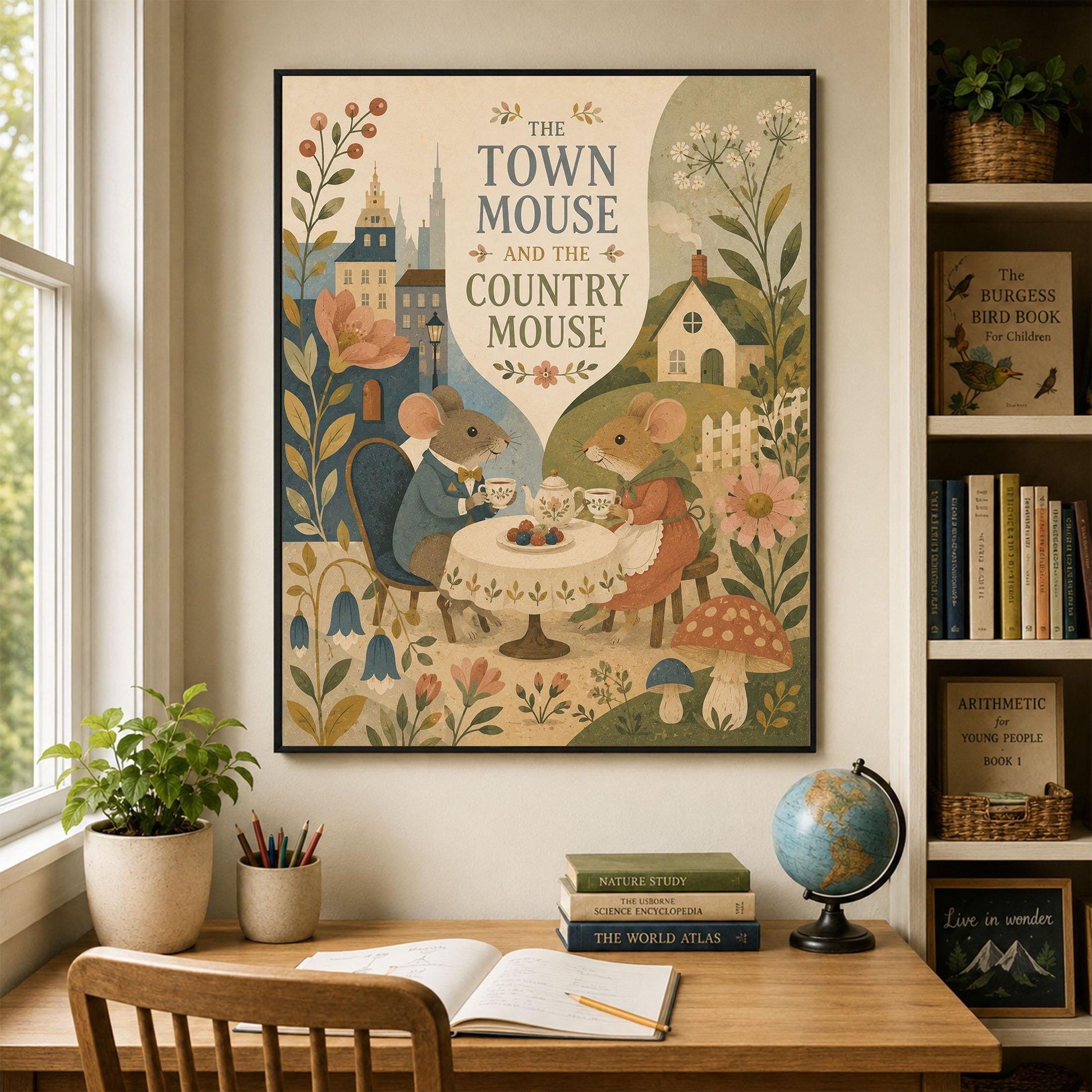 The Town Mouse and the Country Mouse Nursery Wall Art Print | Aesop's Fable Home Decor | Reading Room | Kids | Literary Illustration Poster