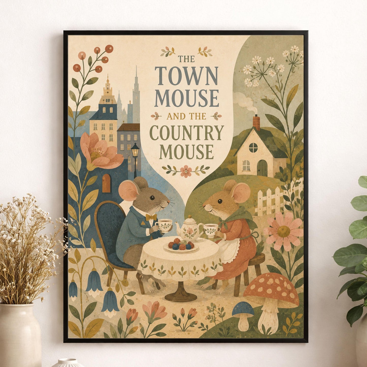 The Town Mouse and the Country Mouse Nursery Wall Art Print | Aesop's Fable Home Decor | Reading Room | Kids | Literary Illustration Poster