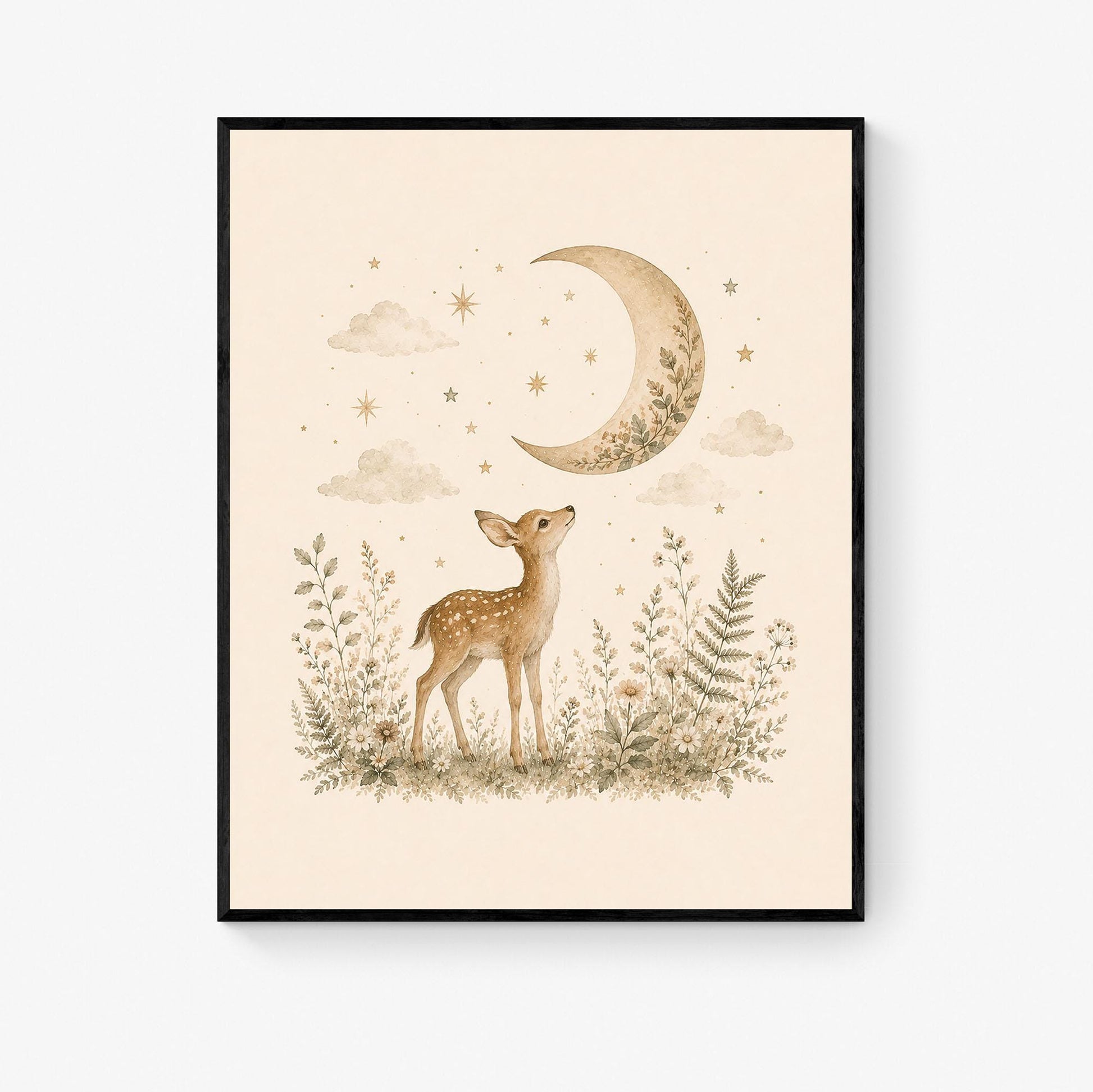 Moonlit Baby Deer Fawn Nursery Wall Art Print | Children’s Home Decor | Woodland Animal | For Boy | Kids | Girl | Cottage core | Artwork