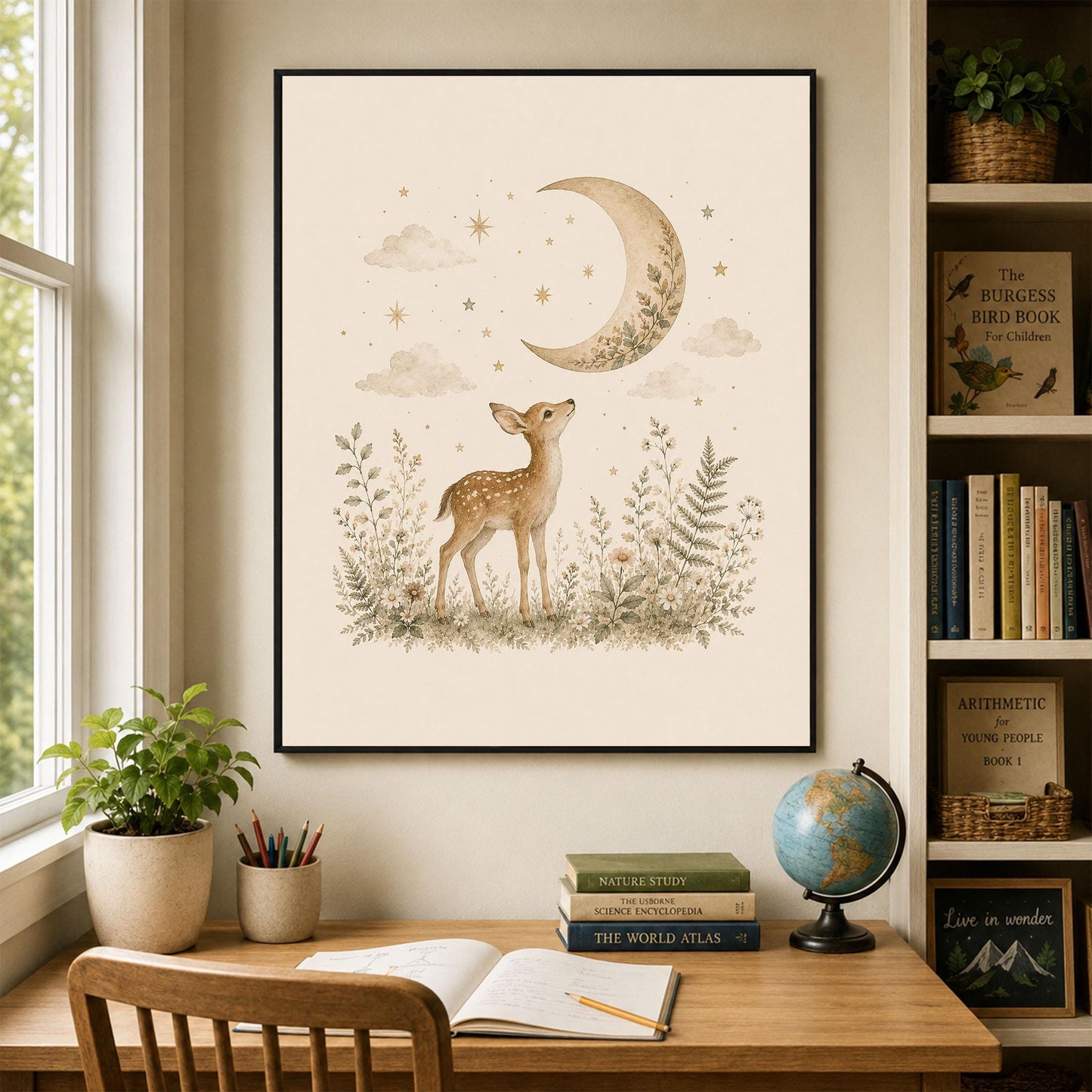 Moonlit Baby Deer Fawn Nursery Wall Art Print | Children’s Home Decor | Woodland Animal | For Boy | Kids | Girl | Cottage core | Artwork