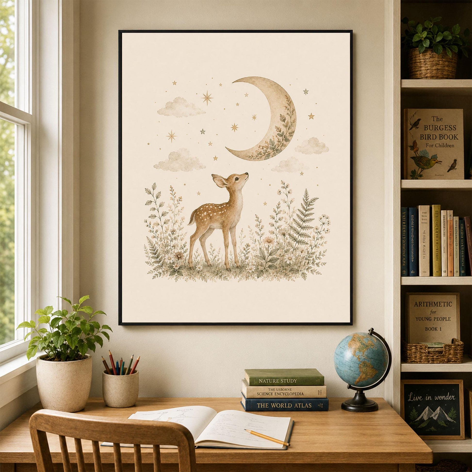 Moonlit Baby Deer Fawn Nursery Wall Art Print | Children’s Home Decor | Woodland Animal | For Boy | Kids | Girl | Cottage core | Artwork