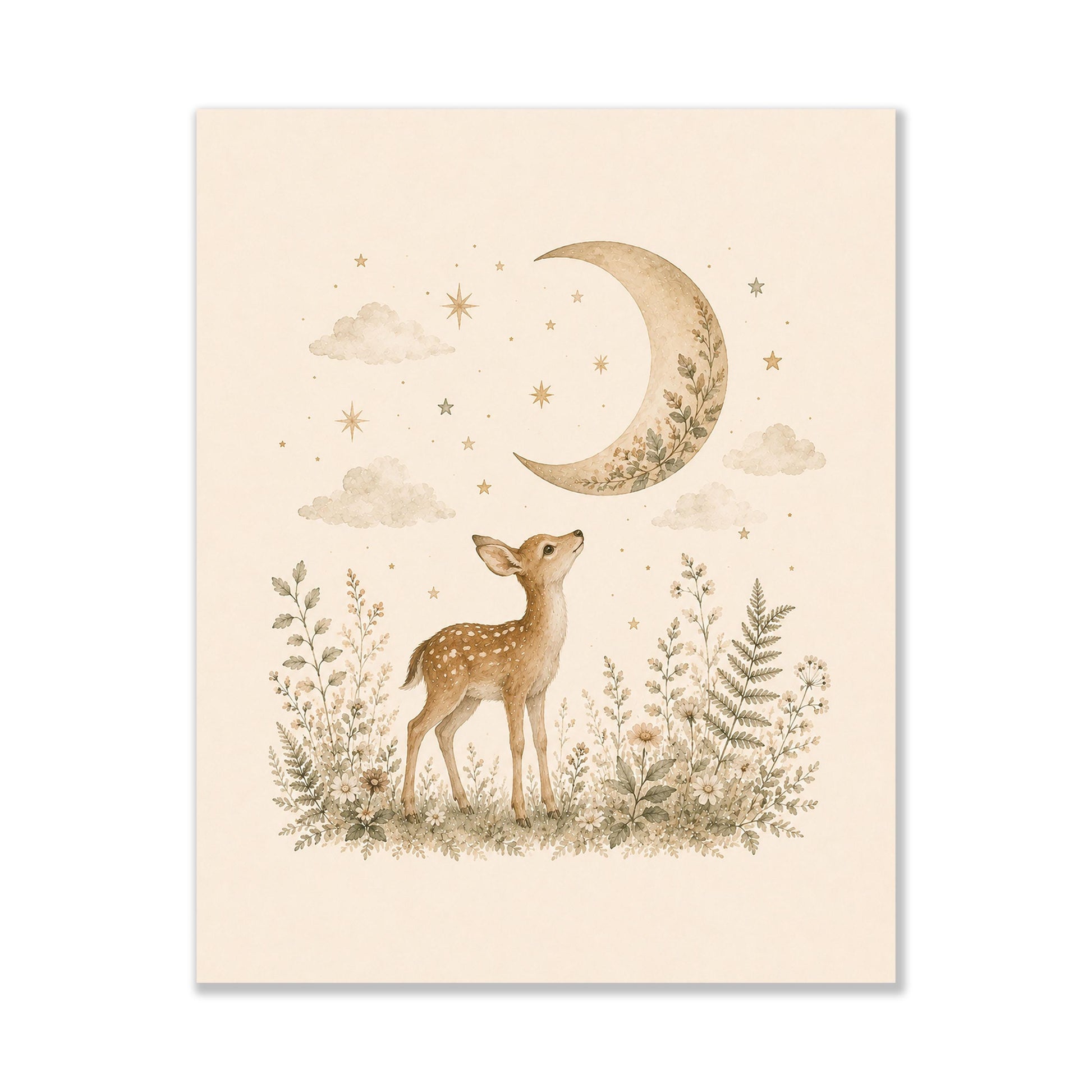 Moonlit Baby Deer Fawn Nursery Wall Art Print | Children’s Home Decor | Woodland Animal | For Boy | Kids | Girl | Cottage core | Artwork