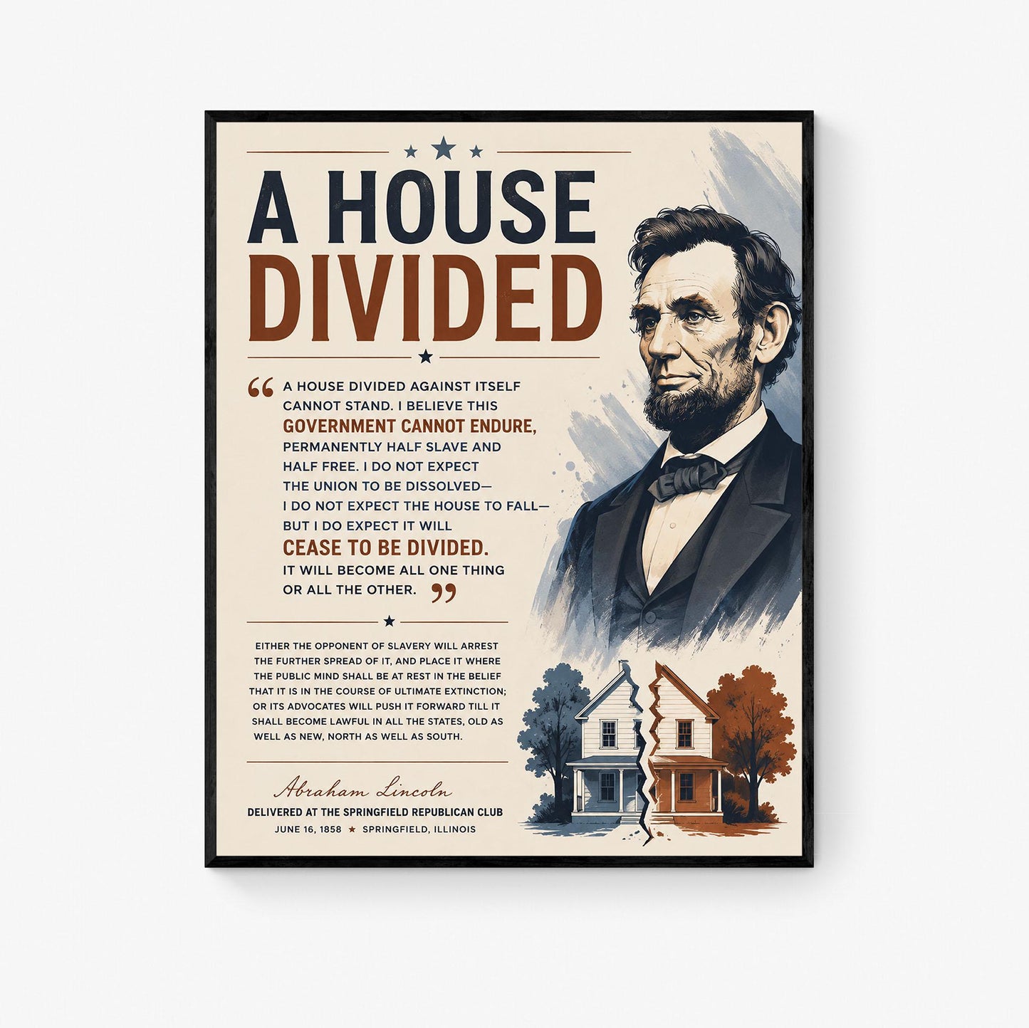 Abraham Lincoln House Divided Speech Wall Art Print | American Civil War | Historical Americana | Vintage Patriotic Home Decor