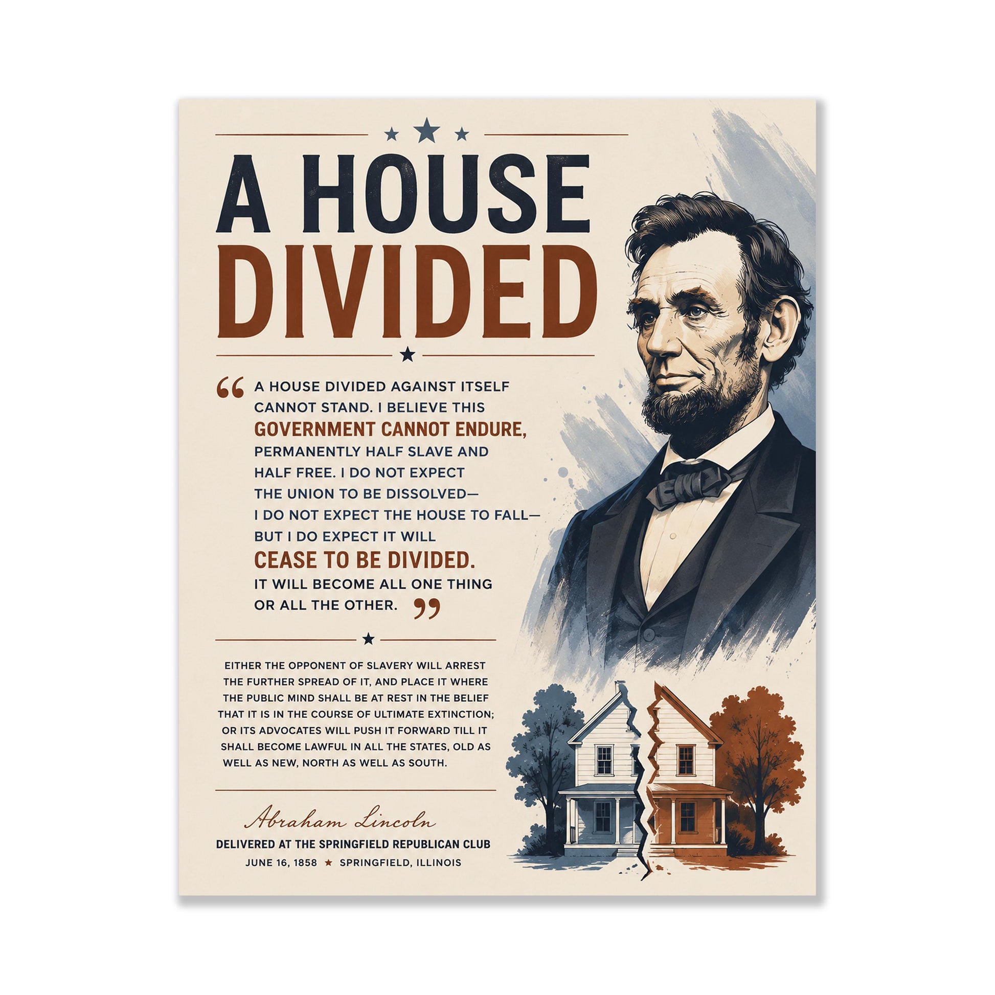 Abraham Lincoln House Divided Speech Wall Art Print | American Civil War | Historical Americana | Vintage Patriotic Home Decor