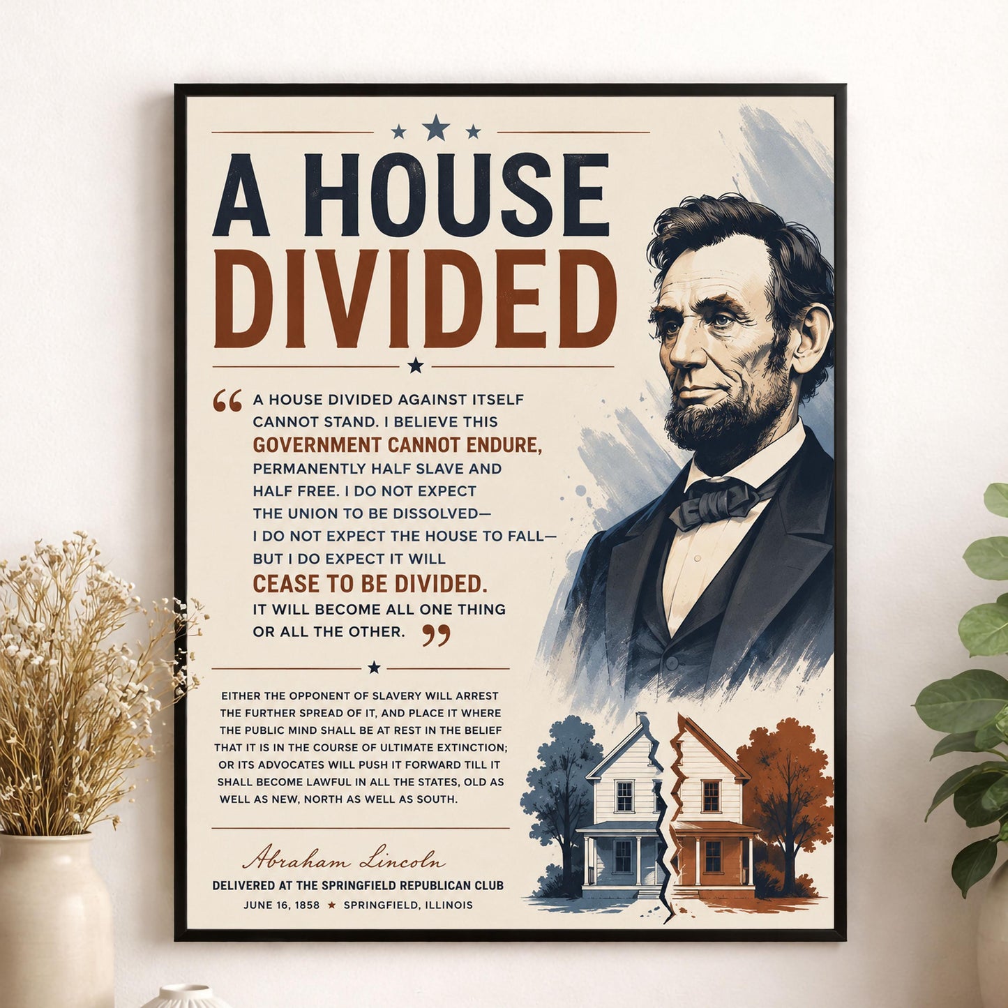 Abraham Lincoln House Divided Speech Wall Art Print | American Civil War | Historical Americana | Vintage Patriotic Home Decor