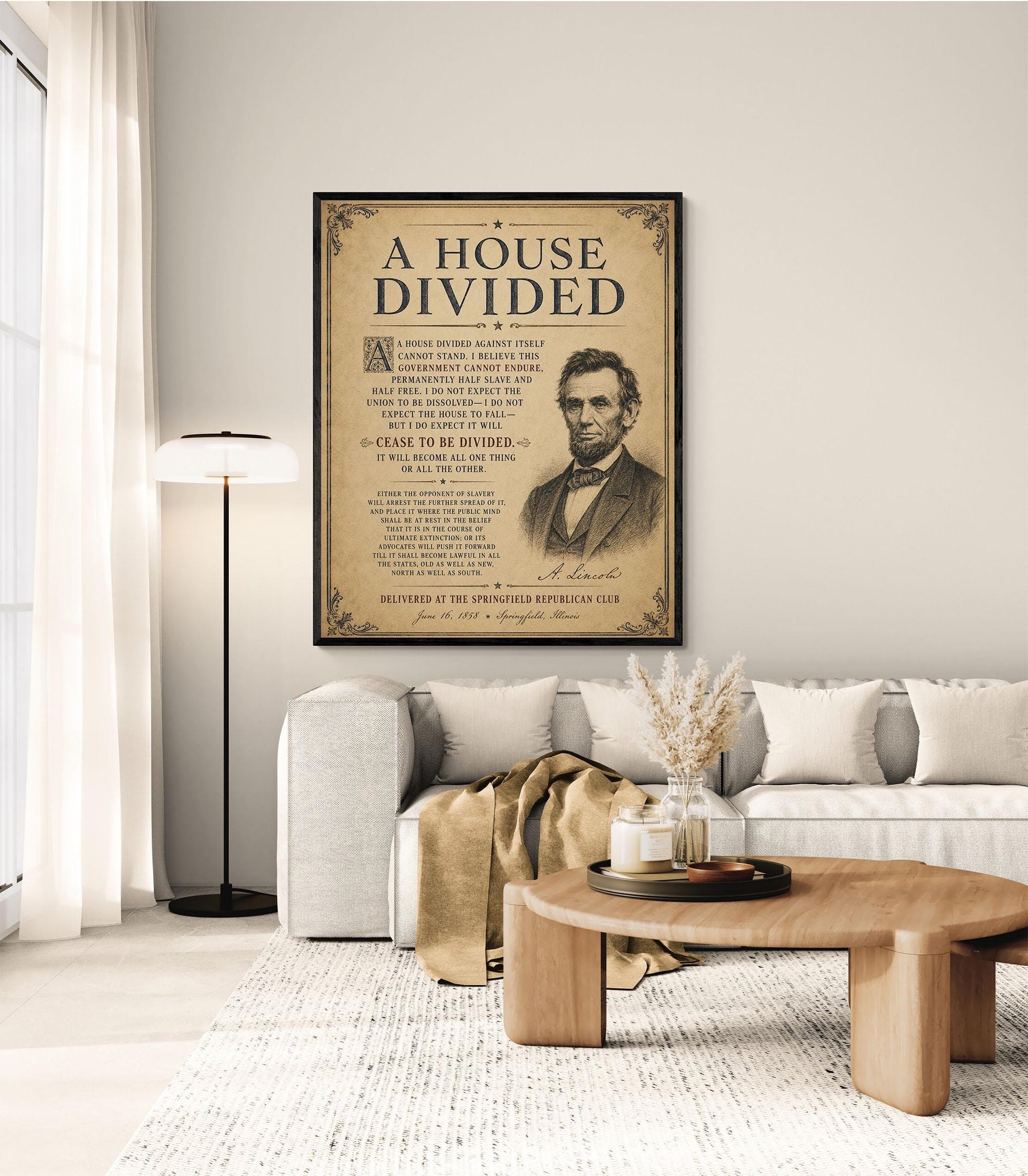 Abraham Lincoln House Divided Speech Wall Art Print | American Civil War | Historical Americana | Vintage Patriotic | Beige Home Decor