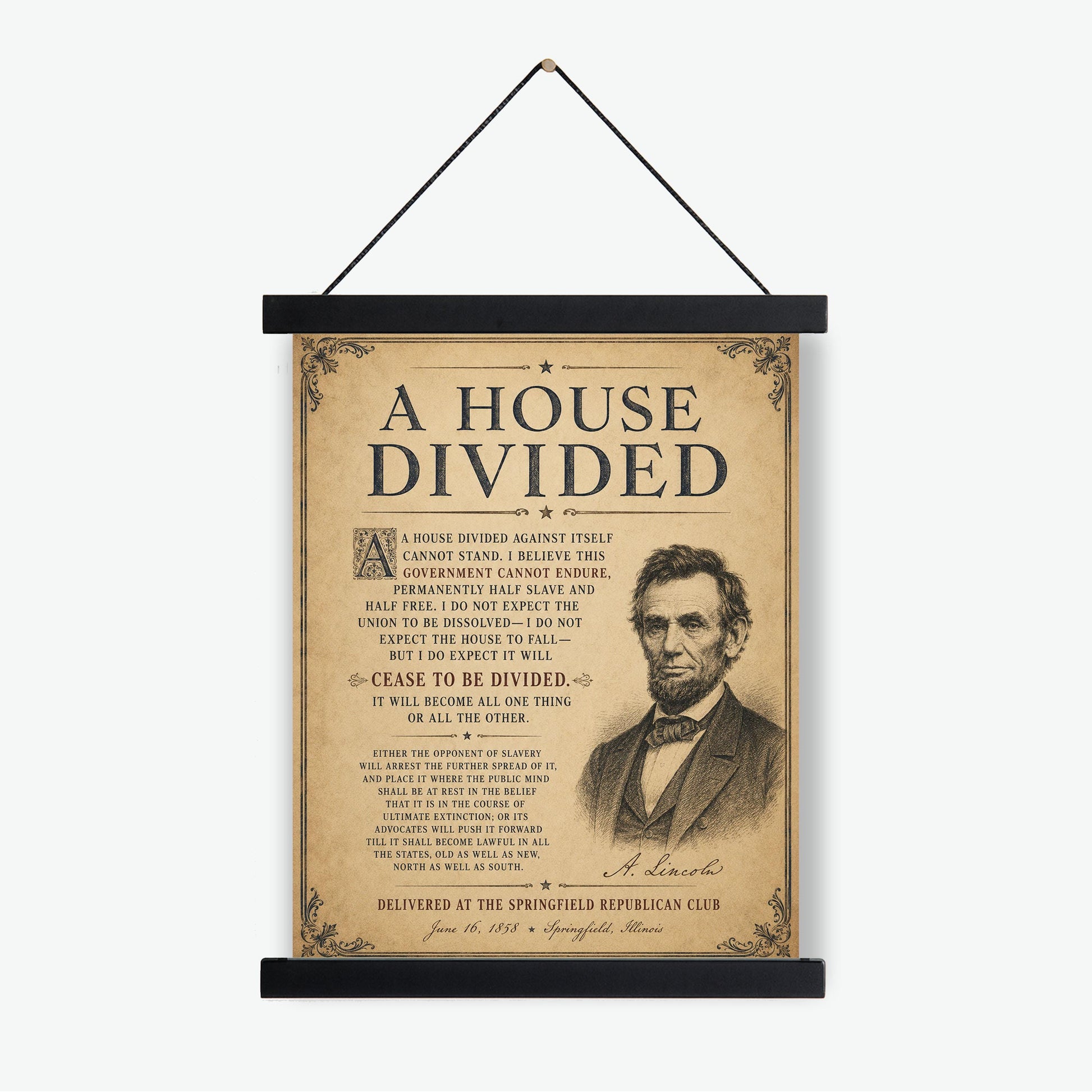 Abraham Lincoln House Divided Speech Wall Art Print | American Civil War | Historical Americana | Vintage Patriotic | Beige Home Decor