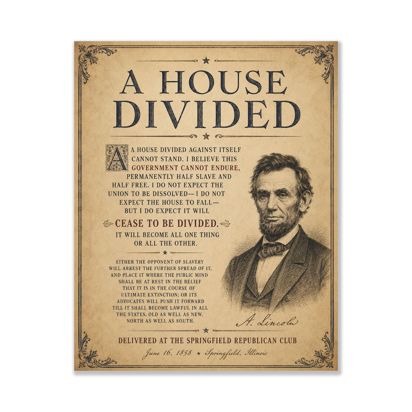 Abraham Lincoln House Divided Speech Wall Art Print | American Civil War | Historical Americana | Vintage Patriotic | Beige Home Decor