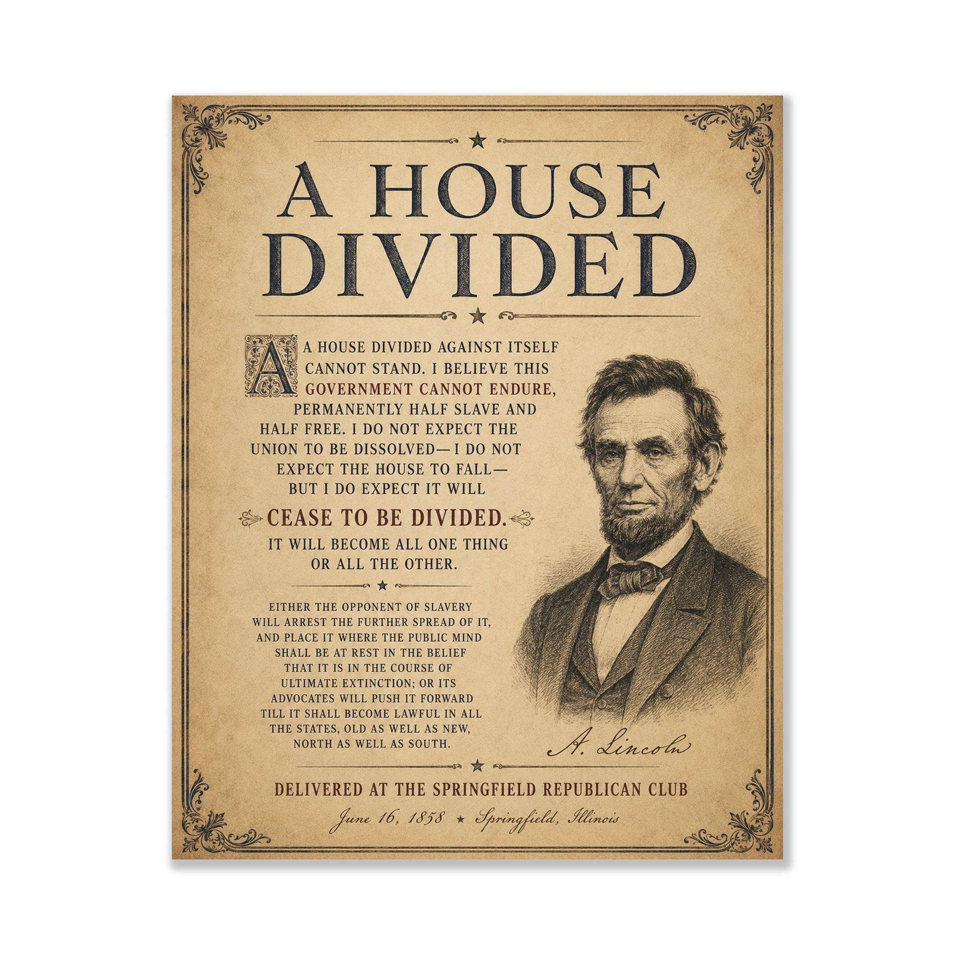 Abraham Lincoln House Divided Speech Wall Art Print | American Civil War | Historical Americana | Vintage Patriotic | Beige Home Decor
