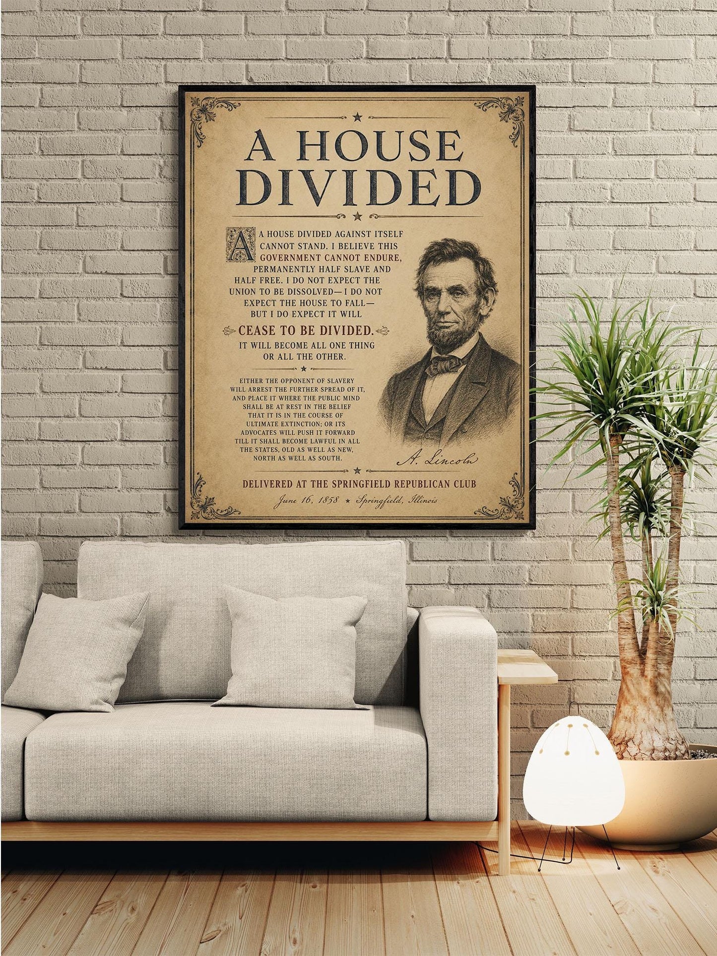 Abraham Lincoln House Divided Speech Wall Art Print | American Civil War | Historical Americana | Vintage Patriotic | Beige Home Decor