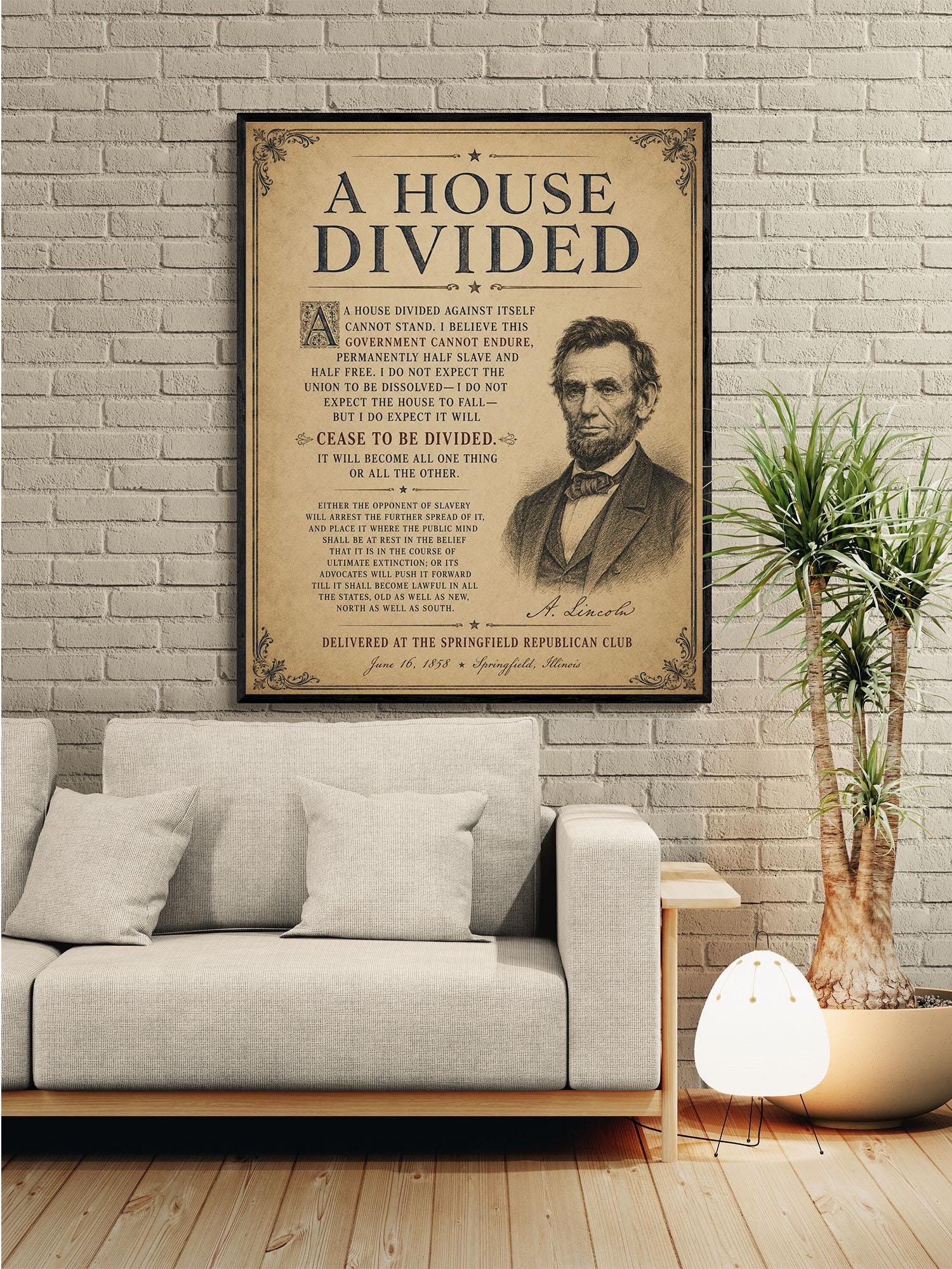 Abraham Lincoln House Divided Speech Wall Art Print | American Civil War | Historical Americana | Vintage Patriotic | Beige Home Decor