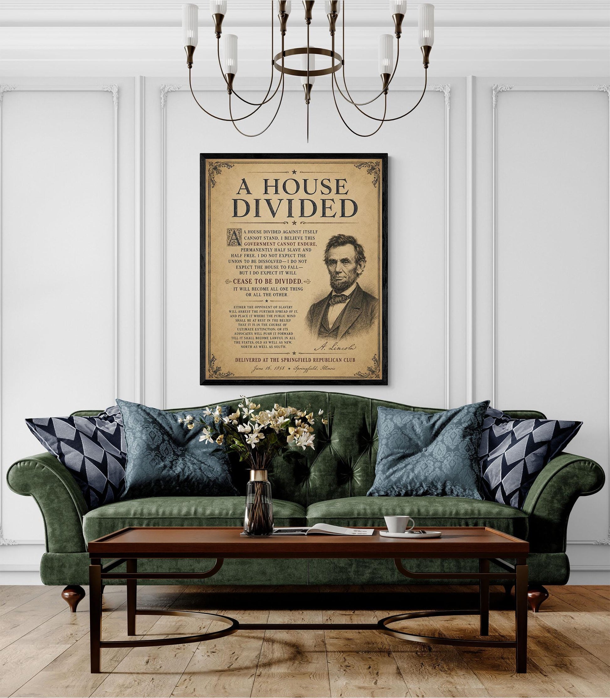 Abraham Lincoln House Divided Speech Wall Art Print | American Civil War | Historical Americana | Vintage Patriotic | Beige Home Decor