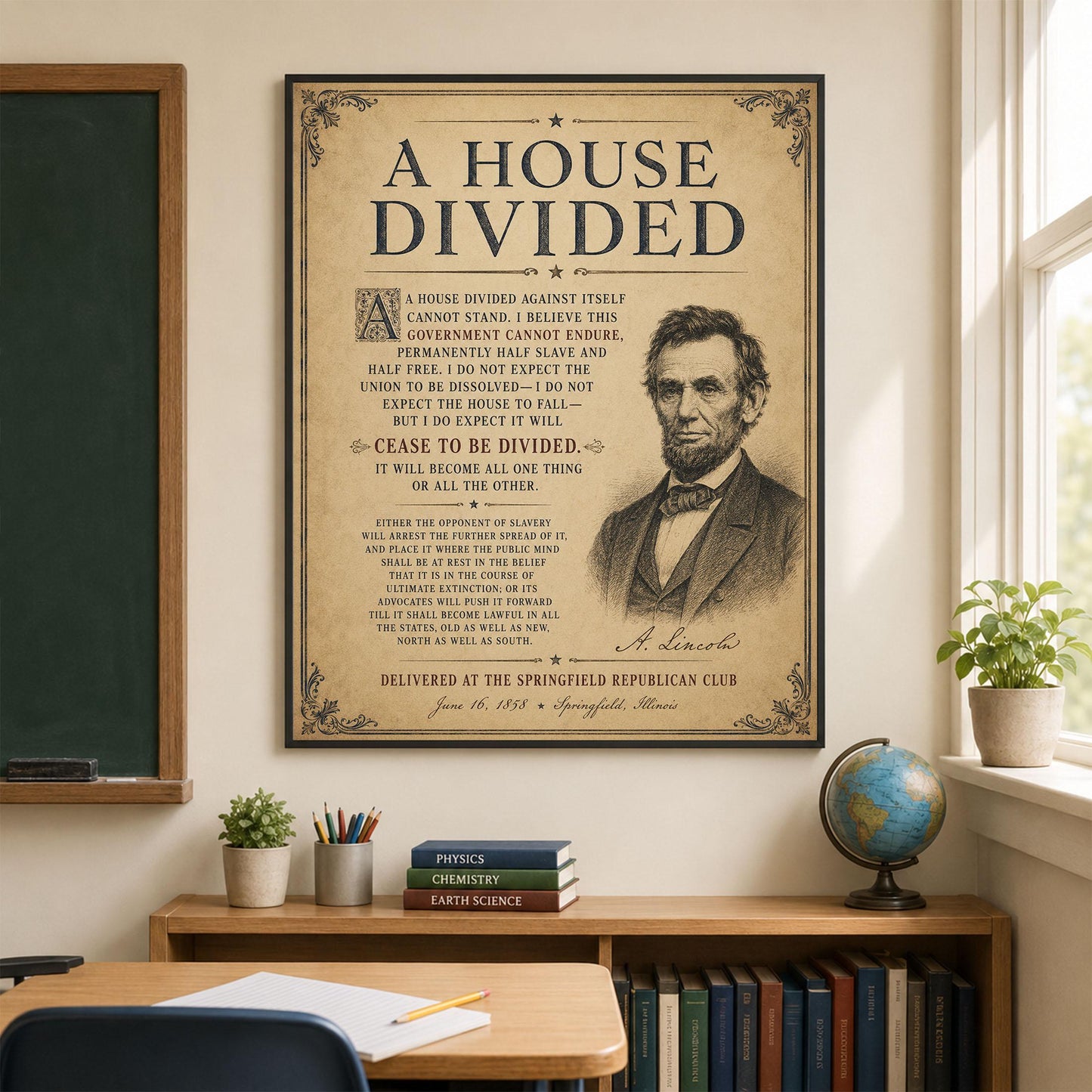 Abraham Lincoln House Divided Speech Wall Art Print | American Civil War | Historical Americana | Vintage Patriotic | Beige Home Decor