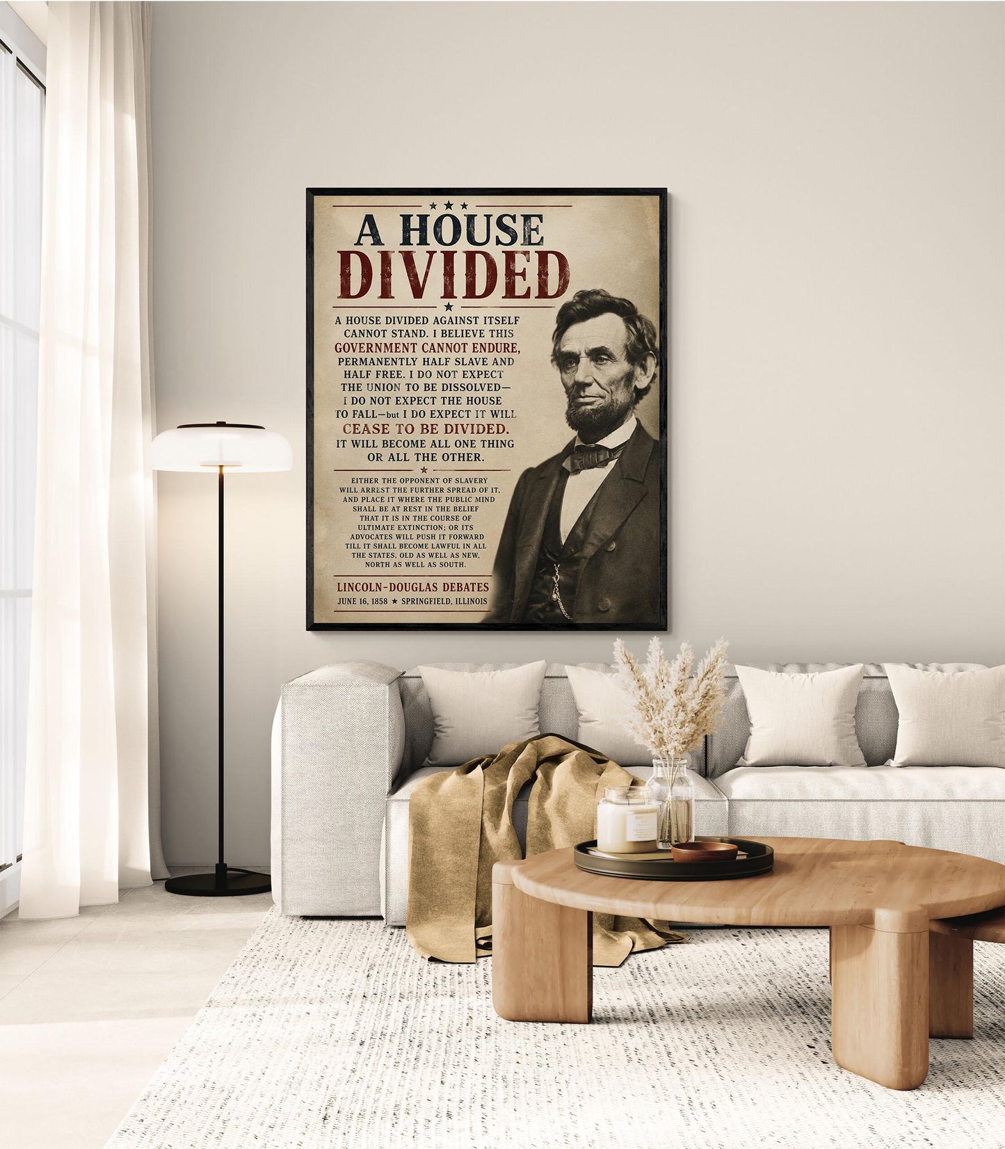Abraham Lincoln House Divided Speech Wall Art Print | American Civil War | Historical Americana | Beige Vintage Patriotic | Home Decor