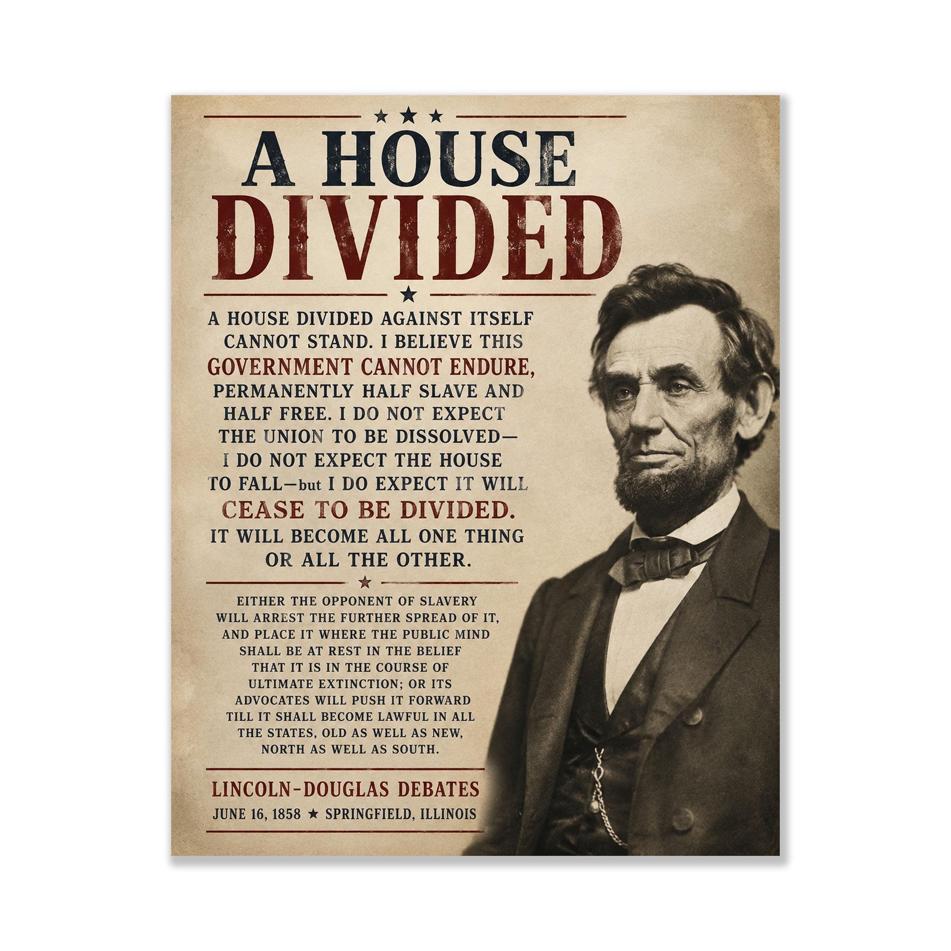 Abraham Lincoln House Divided Speech Wall Art Print | American Civil War | Historical Americana | Beige Vintage Patriotic | Home Decor