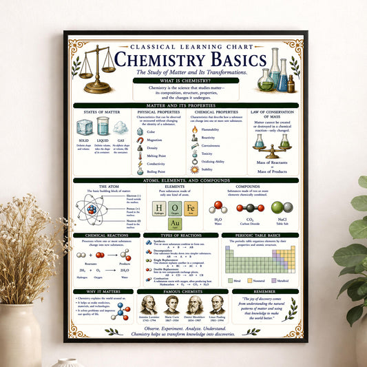Chemistry Basics Chart Wall Art Print, Classical Learning Poster, STEM Teacher Classroom Reference, Homeschool, Science Room Decor