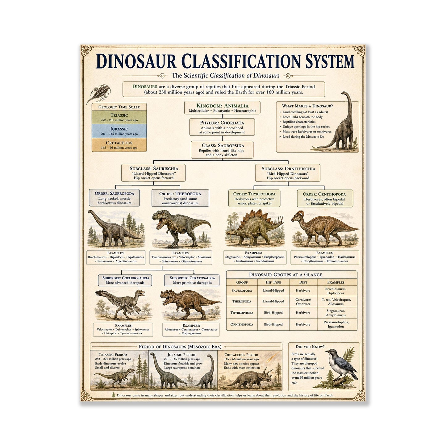 Dinosaur Classification System Chart Wall Art Print, Classical Learning Poster, Teacher Classroom Reference, Homeschool, Science Room Decor