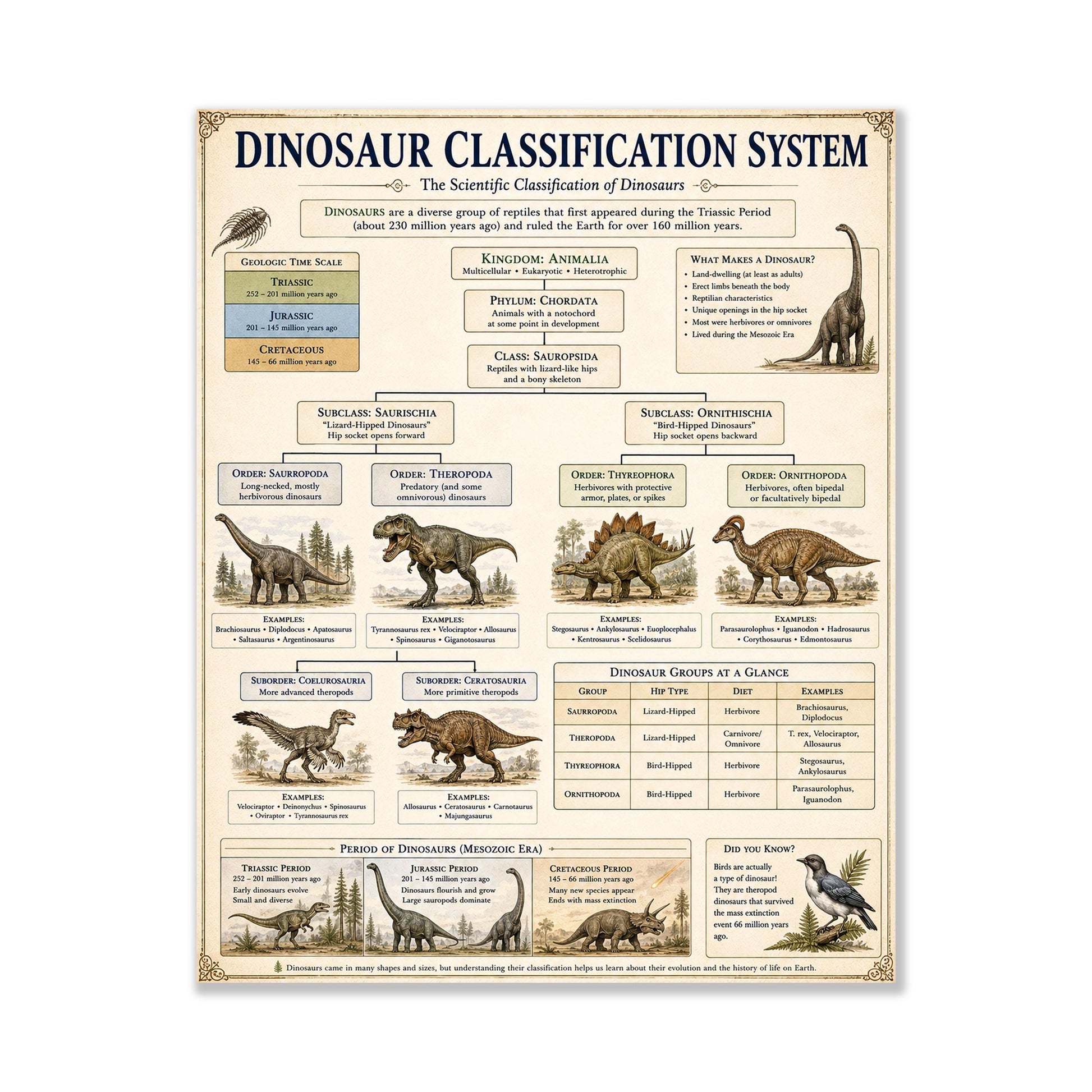 Dinosaur Classification System Chart Wall Art Print, Classical Learning Poster, Teacher Classroom Reference, Homeschool, Science Room Decor