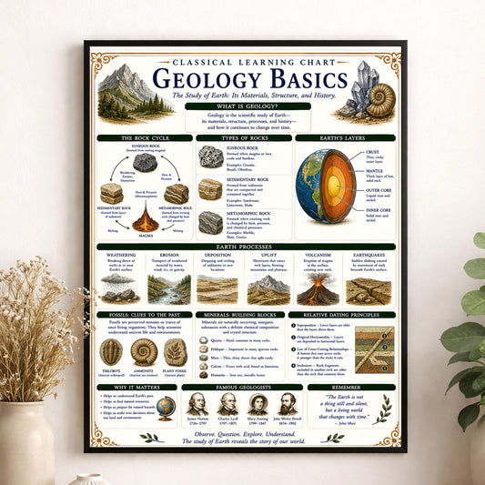Geology Basics Chart Wall Art Print, Classical Learning Poster, STEM Teacher Classroom Reference, Homeschool, Earth Science Room Decor