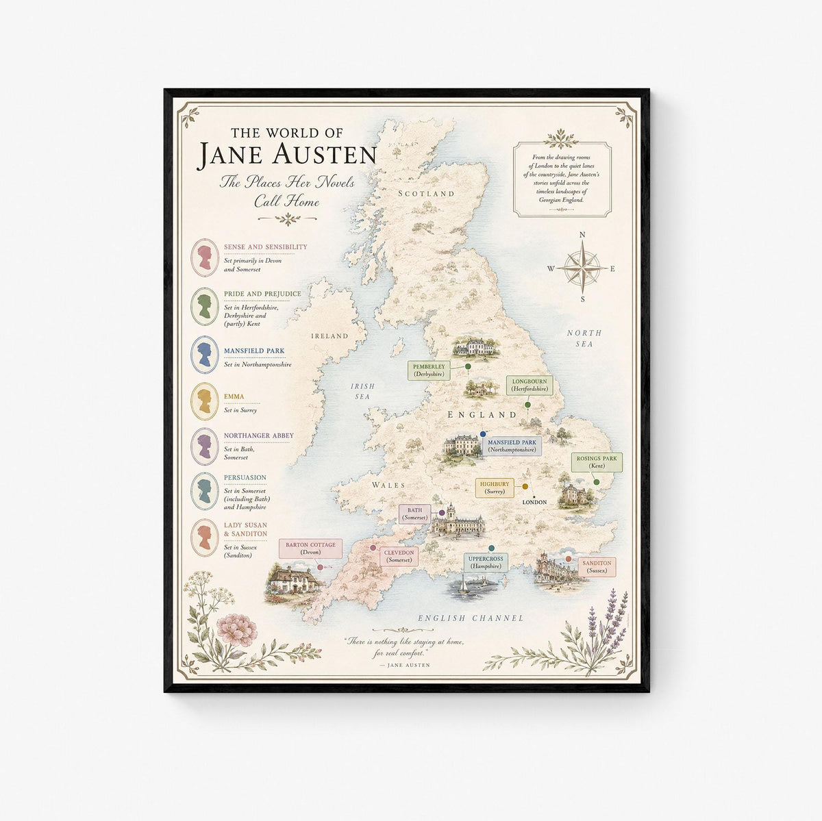 Jane Austen Books Map Art Print, Jane Austen Literary Wall Artwork, England Home Decor, Library Gift, Classic Novel Poster
