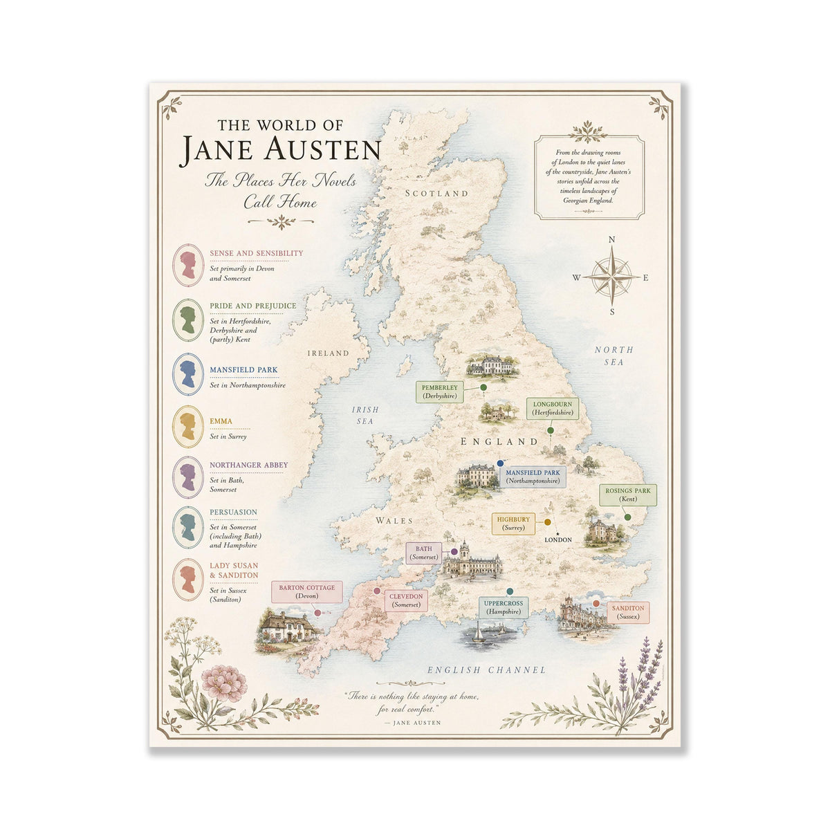 Jane Austen Books Map Art Print, Jane Austen Literary Wall Artwork, England Home Decor, Library Gift, Classic Novel, Cottagecore Poster