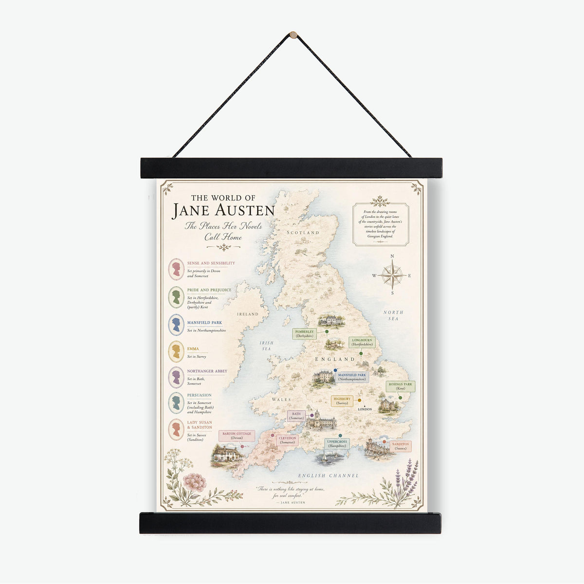 Jane Austen Books Map Art Print, Jane Austen Literary Wall Artwork, England Home Decor, Library Gift, Classic Novel Poster