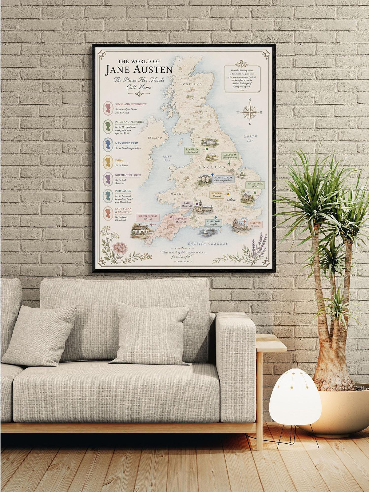 Jane Austen Books Map Art Print, Jane Austen Literary Wall Artwork, England Home Decor, Library Gift, Classic Novel, Cottagecore Poster