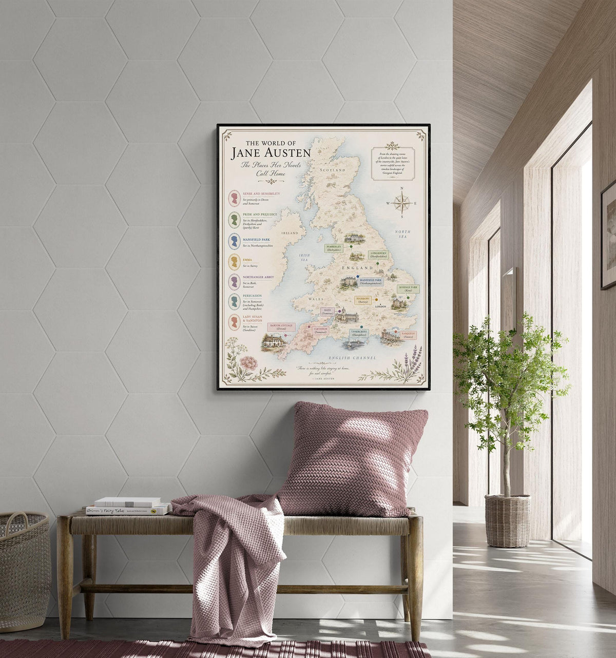 Jane Austen Books Map Art Print, Jane Austen Literary Wall Artwork, England Home Decor, Library Gift, Classic Novel Poster
