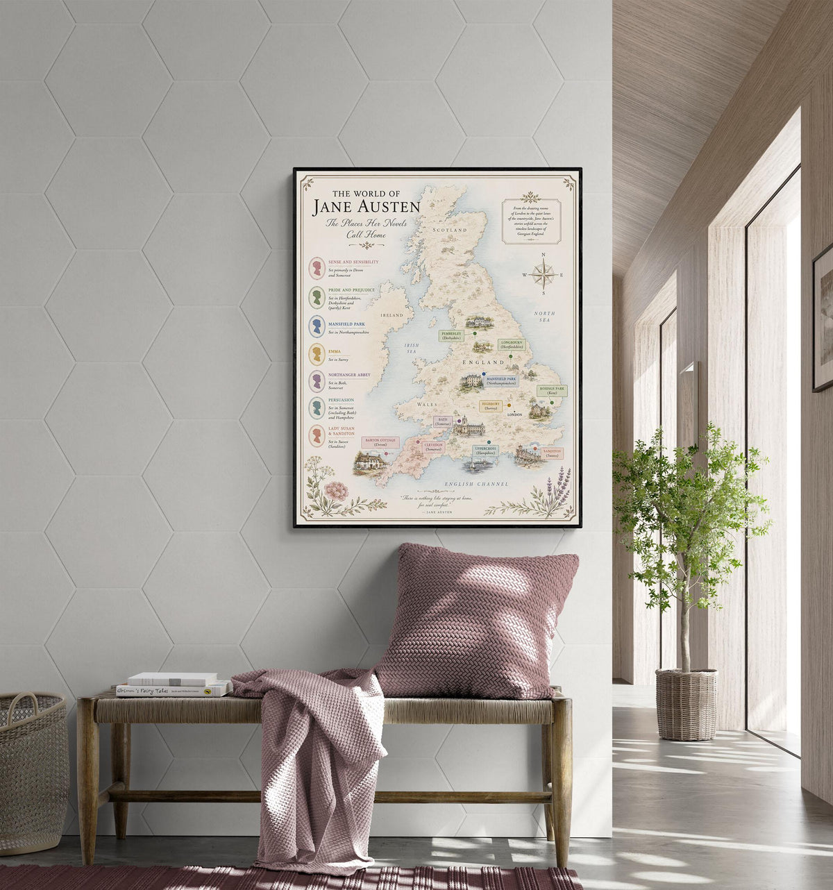 Jane Austen Books Map Art Print, Jane Austen Literary Wall Artwork, England Home Decor, Library Gift, Classic Novel, Cottagecore Poster