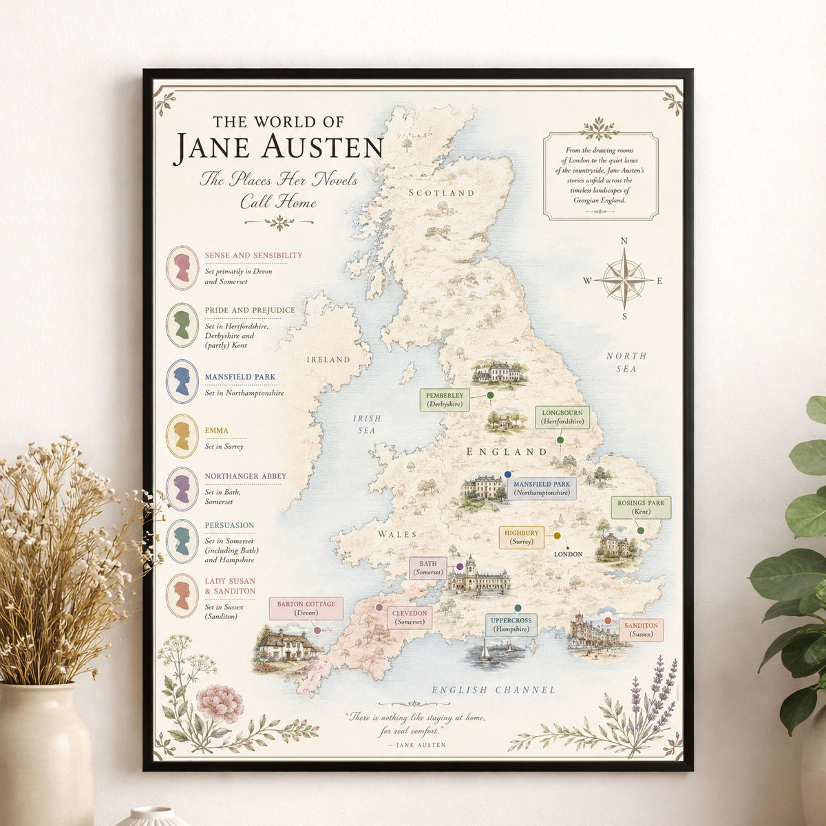 Jane Austen Books Map Art Print, Jane Austen Literary Wall Artwork, England Home Decor, Library Gift, Classic Novel Poster