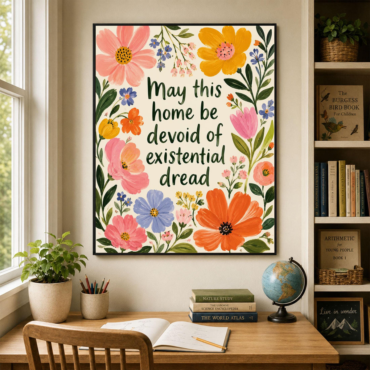 May This Home Be Devoid Of Existential Dread Art Print | Inspirational Wall Artwork | Living Room | Home Decor Gift | Bright Floral Poster
