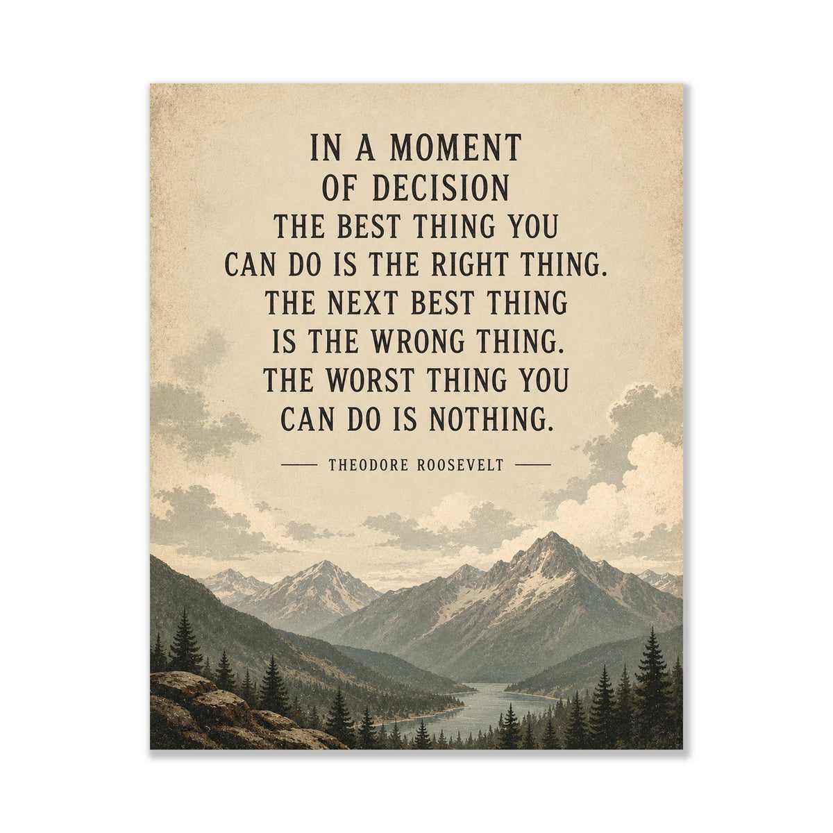 In a Moment of Decision Art Print | Teddy Roosevelt Quote | Inspirational Gift | Living Room | Beige Landscape Home Decor Poster