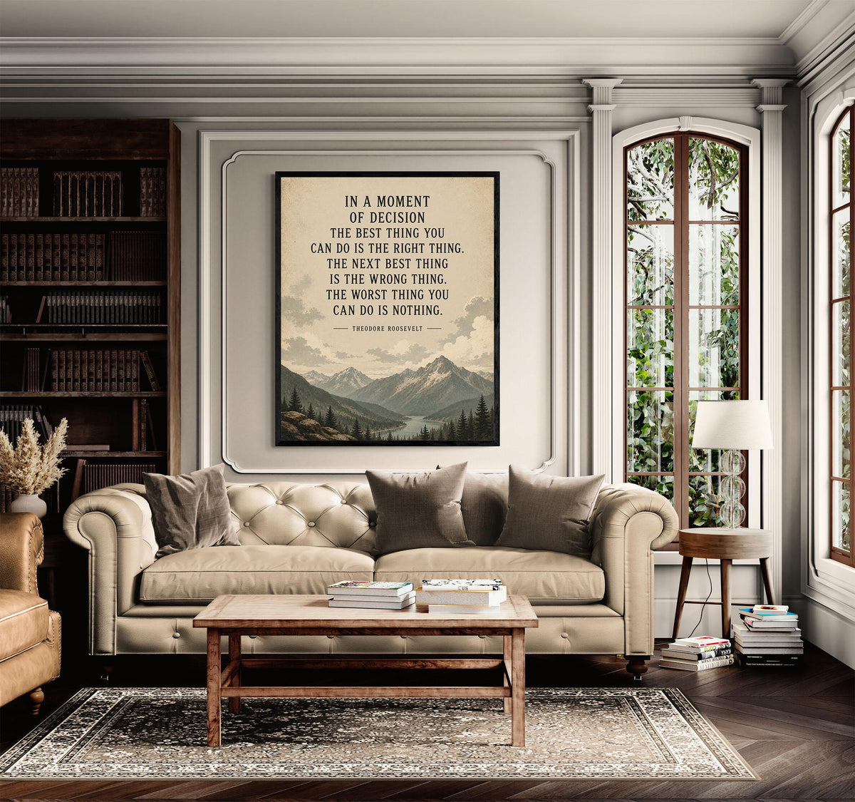 In a Moment of Decision Art Print | Teddy Roosevelt Quote | Inspirational Gift | Living Room | Beige Landscape Home Decor Poster
