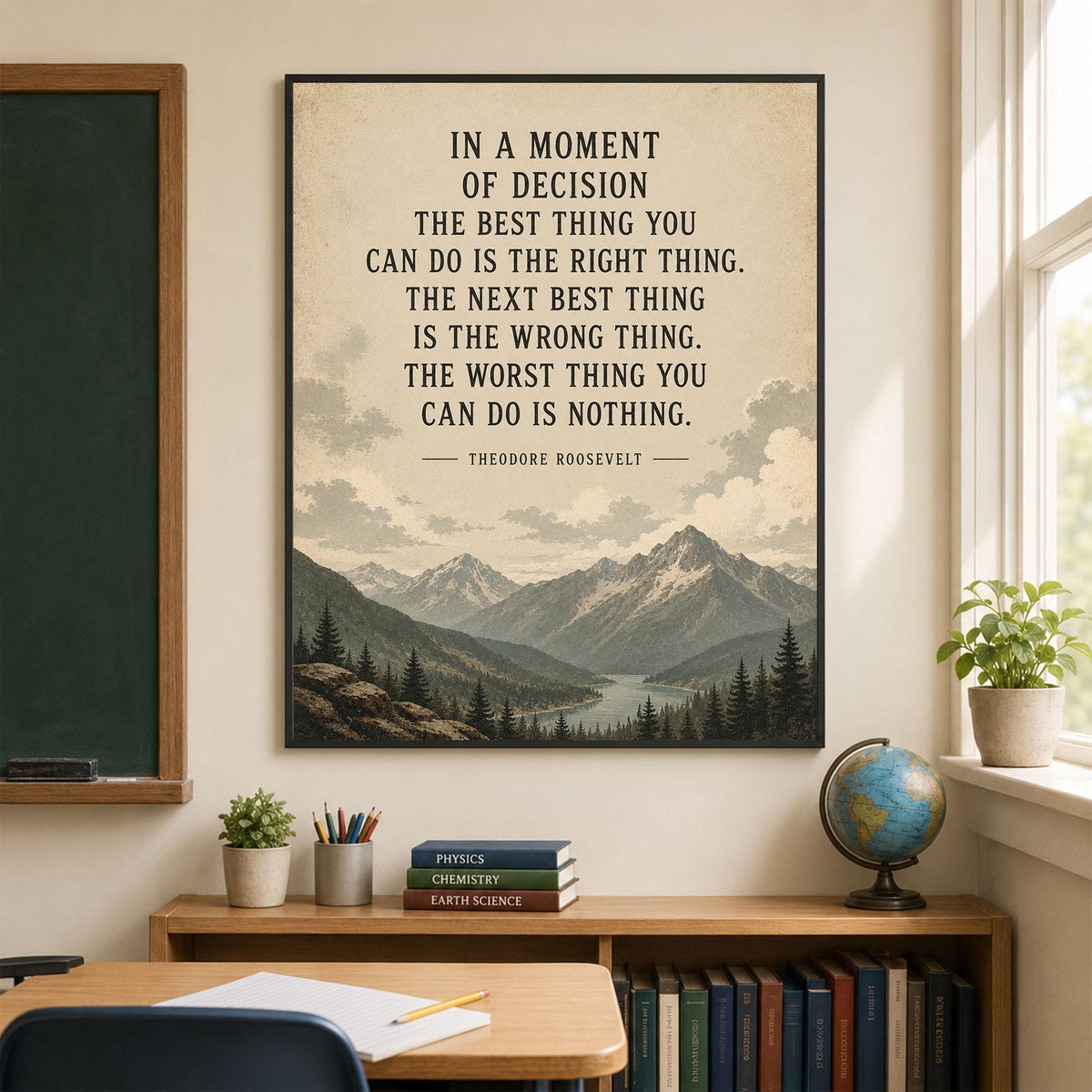 In a Moment of Decision Art Print | Teddy Roosevelt Quote | Inspirational Gift | Living Room | Beige Landscape Home Decor Poster