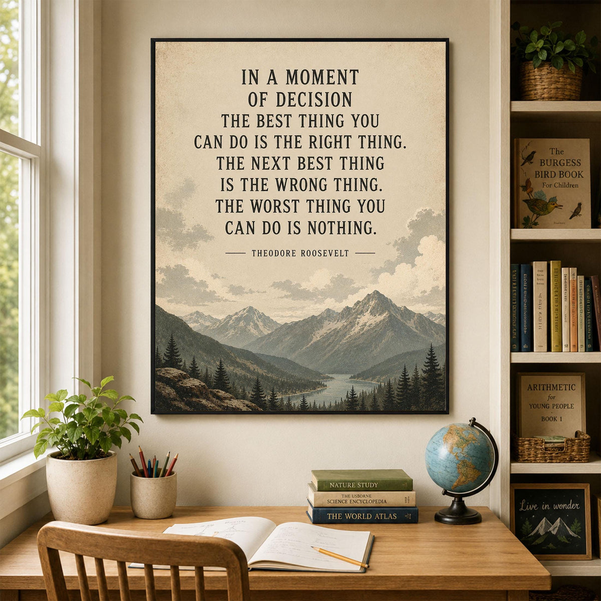 In a Moment of Decision Art Print | Teddy Roosevelt Quote | Inspirational Gift | Living Room | Beige Landscape Home Decor Poster