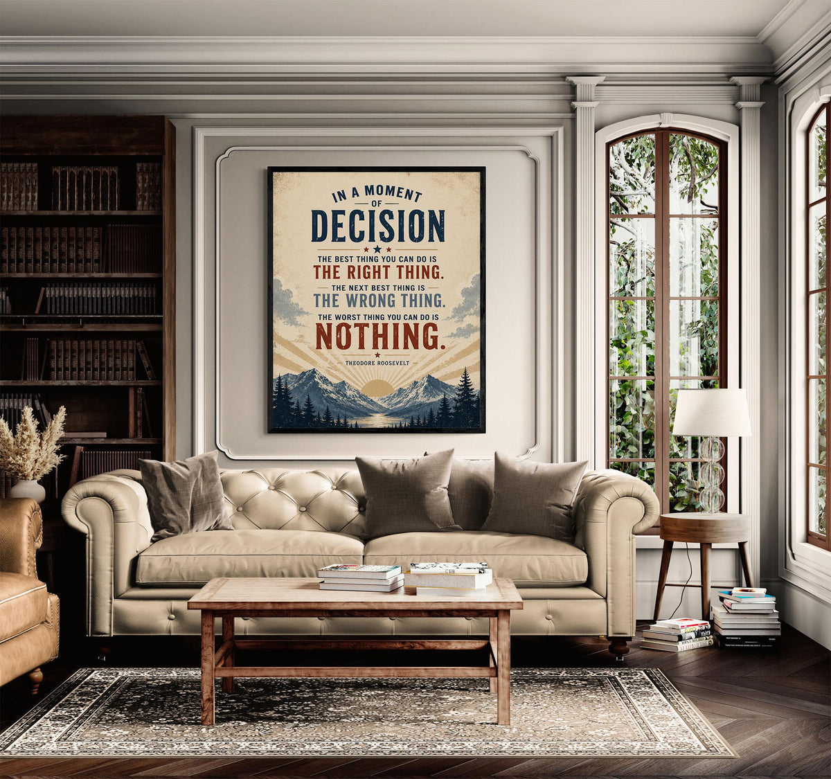 In a Moment of Decision Art Print | Vintage Teddy Roosevelt Quote | Inspirational Gift | Living Room | Beige Landscape Home Decor Poster