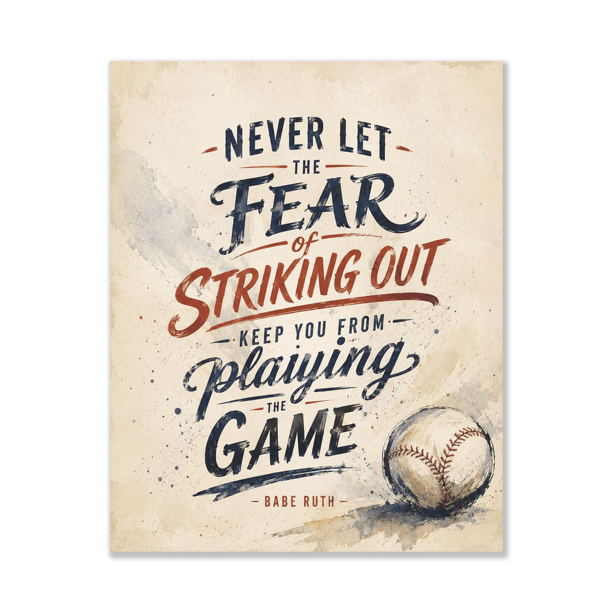 Babe Ruth Quote Wall Art Print, Never Let the Fear of Striking Out, Typography Baseball Home Decor, Motivational Sports Office Print