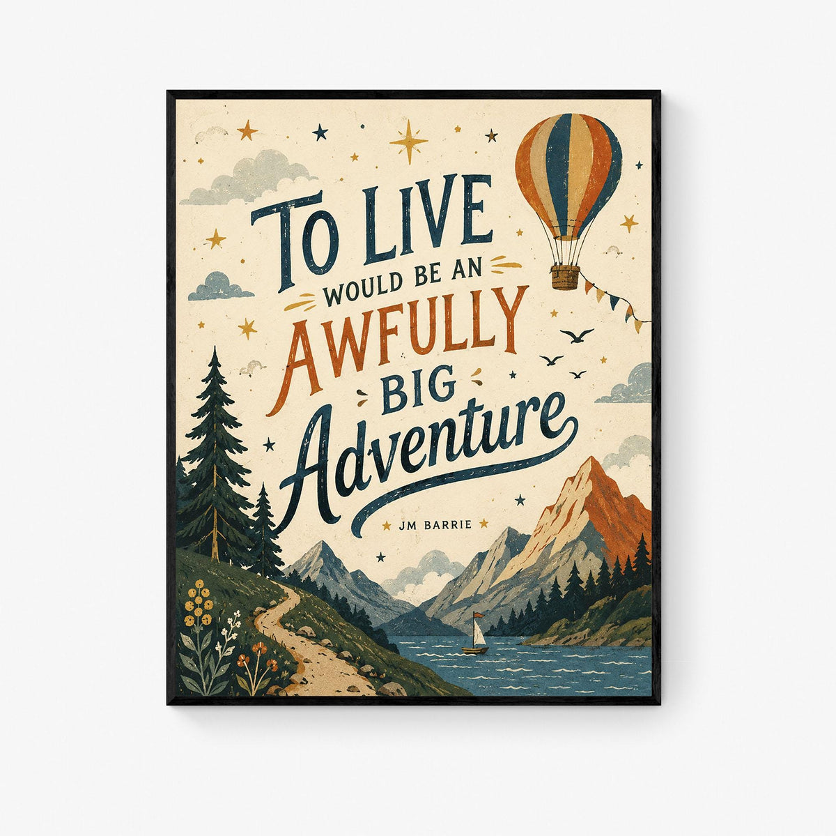 Peter Pan Adventure Quote Wall Art Print, J.M. Barrie To Live Would Be an Awfully Big Adventure, Hot Air Balloon, Vintage Nursery Home Decor