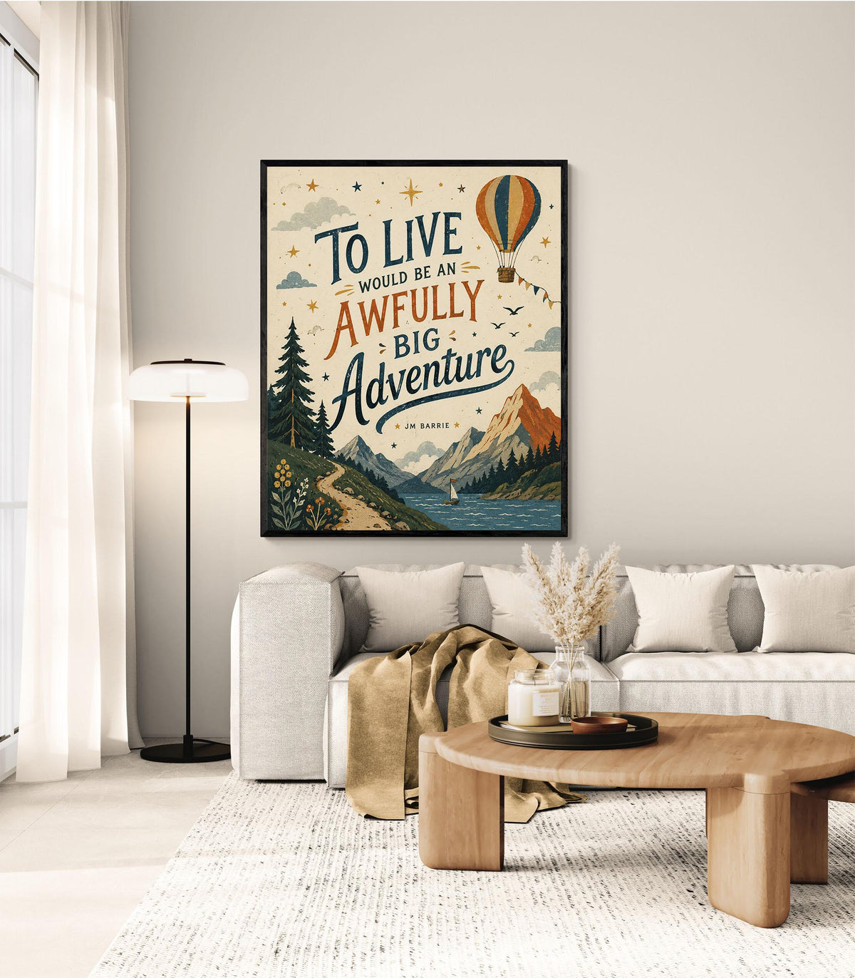 Peter Pan Adventure Quote Wall Art Print, J.M. Barrie To Live Would Be an Awfully Big Adventure, Hot Air Balloon, Vintage Nursery Home Decor