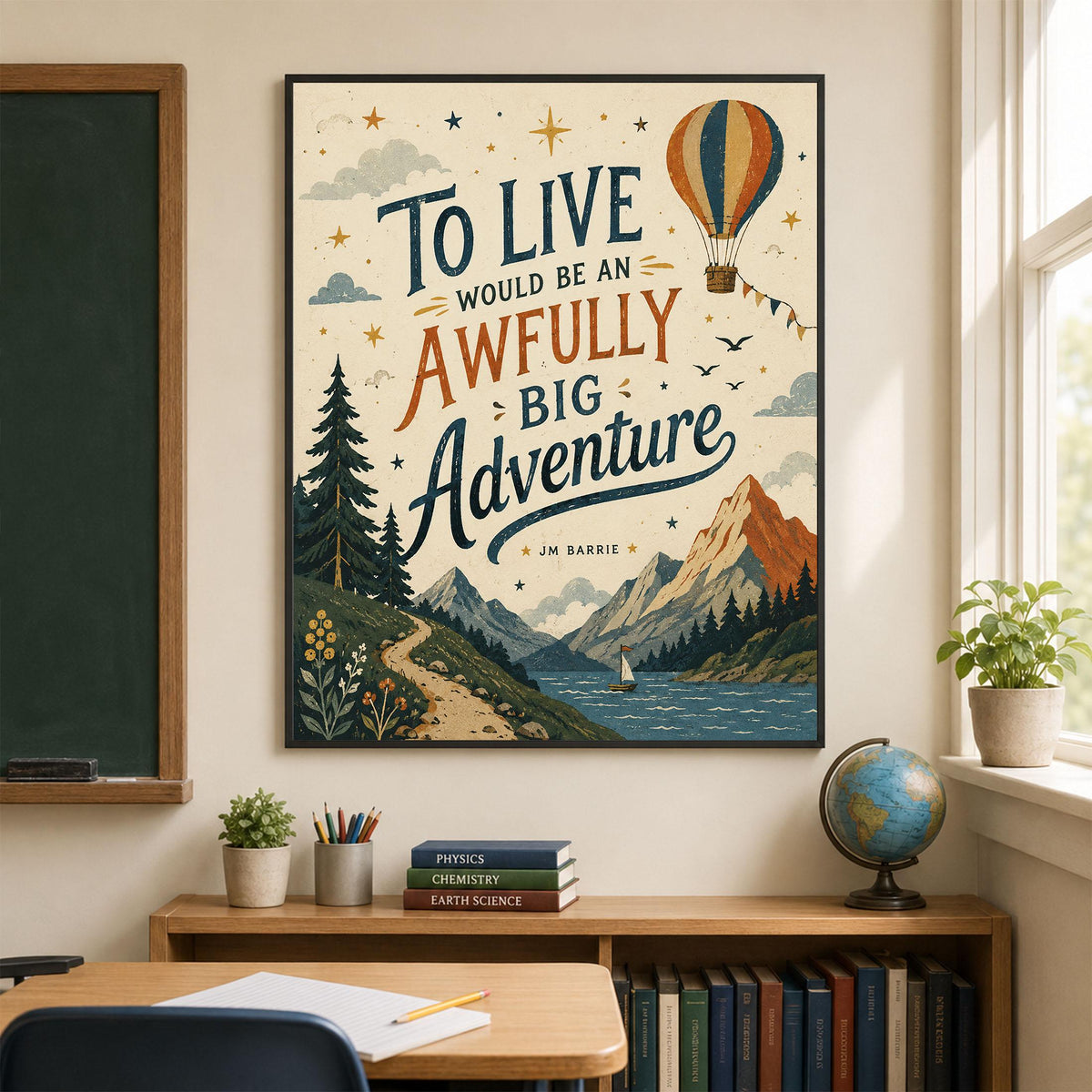 Peter Pan Adventure Quote Wall Art Print, J.M. Barrie To Live Would Be an Awfully Big Adventure, Hot Air Balloon, Vintage Nursery Home Decor